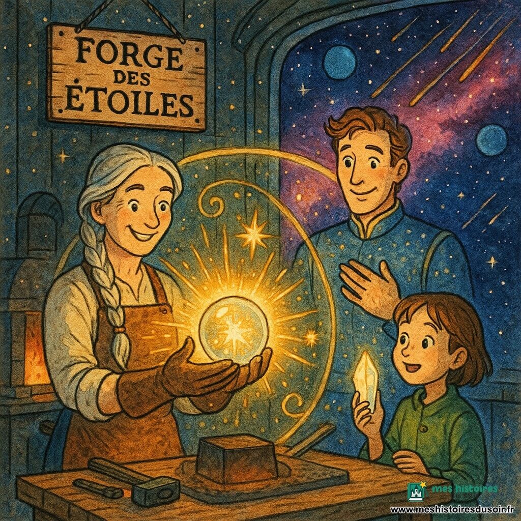 Lyra, forgeronne déterminée au sourire doux et aux cheveux argentés en longue tresse, tient une sphère de cristal brillante qui émet gerbes de lumière dorée ; Orion, grand et bienveillant, se tient derrière elle, la main sur la poitrine, regard admiratif ; une apprentie émerveillée tient un éclat de cristal à ses côtés. Ils sont dans la Forge des Étoiles, vaste atelier aux murs métalliques parsemés de lueurs stellaires, avec un établi en bois et une grande baie donnant sur une nébuleuse rose-violette et des planètes bleues. Lyra vient d’activer la sphère : une bulle protectrice dorée et translucide se déroule en volutes scintillantes autour du centre, repoussant une pluie de météorites étincelantes tandis que des éclats et des étincelles volent partout.
