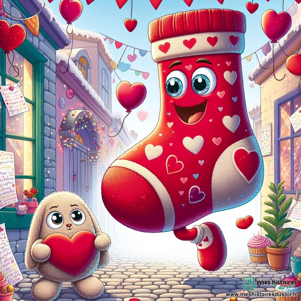 Illustration d'une chaussette animée, rouge avec des cœurs, sautillant joyeusement sur un chemin pavé. À côté, un chausson en peluche beige admire la chaussette. En arrière-plan, une rue commerçante animée décorée de guirlandes de cœurs et de ballons colorés, avec des vitrines scintillantes. La chaussette tient une grande carte en forme de cœur, prête à surprendre son ami chausson pour la Saint-Valentin. On voit aussi des gâteaux et des bonbons sur une table, ainsi que des enfants jouant, ajoutant à l'ambiance festive.