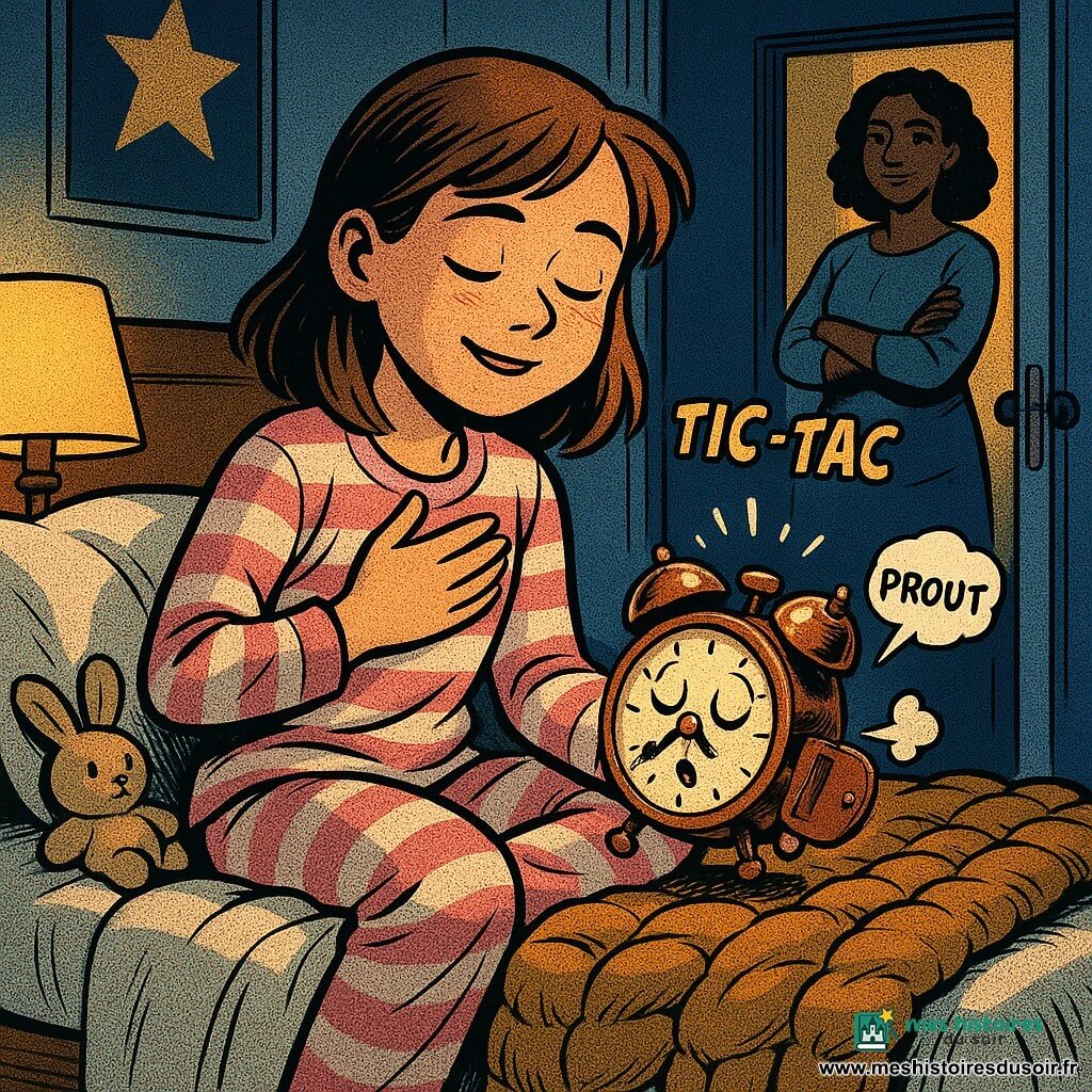 Fille de 12 ans, Lila, visage doux et concentré, yeux mi-clos, sourire paisible, en pyjama rayé rose et blanc, assise sur son lit, main droite sur le cœur et main gauche tenant un petit réveil rond en cuivre anthropomorphe qui émet une minuscule bulle de BD avec le mot prout et une bulle tic-tac ; mère adulte, silhouette discrète dans l'encadrement de la porte, souriant, bras croisés ; chambre tranquille éclairée par une lampe chaude et une raie de lune bleutée, couvertures en grosse laine moutarde, oreiller blanc moelleux, peluche lapin près du réveil, affiche d'étoiles au mur et tapis épais ; moment tendre et légèrement comique, composition serrée sur le lit, expressions claires, couleurs chaudes contrastant avec le bleu nuit.