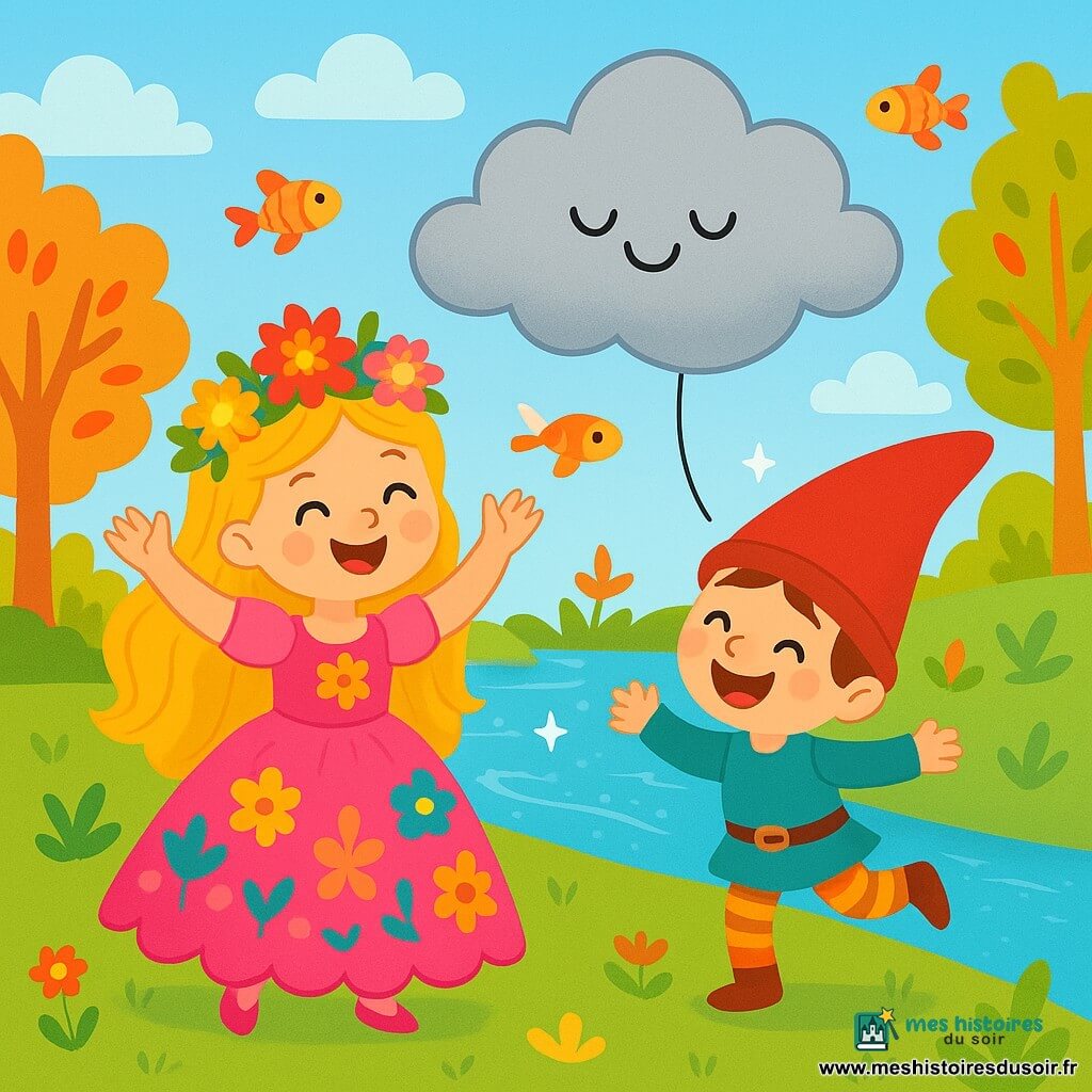 Une princesse joyeuse, Églantine, d'environ 8 ans, avec de longs cheveux dorés et une couronne de pétales de fleurs colorées, danse avec un grand sourire. Elle porte une robe rose éclatante ornée de motifs floraux. À côté d'elle, un petit lutin espiègle nommé Farfelin, un garçon de 6 ans, avec des chaussettes rayées et un chapeau trop grand, fait des pirouettes en riant. Ils se trouvent au bord d'une rivière enchantée, où l'eau scintille sous le soleil et où des poissons volants tourbillonnent dans le ciel bleu. Des arbres aux troncs dorés et aux feuilles multicolores entourent la scène, créant une atmosphère magique. Églantine et Farfelin s'amusent tandis qu'un gros nuage gris se transforme en un ballon doux, flottant au-dessus d'eux. Églantine lève les bras avec émerveillement, exprimant sa joie.