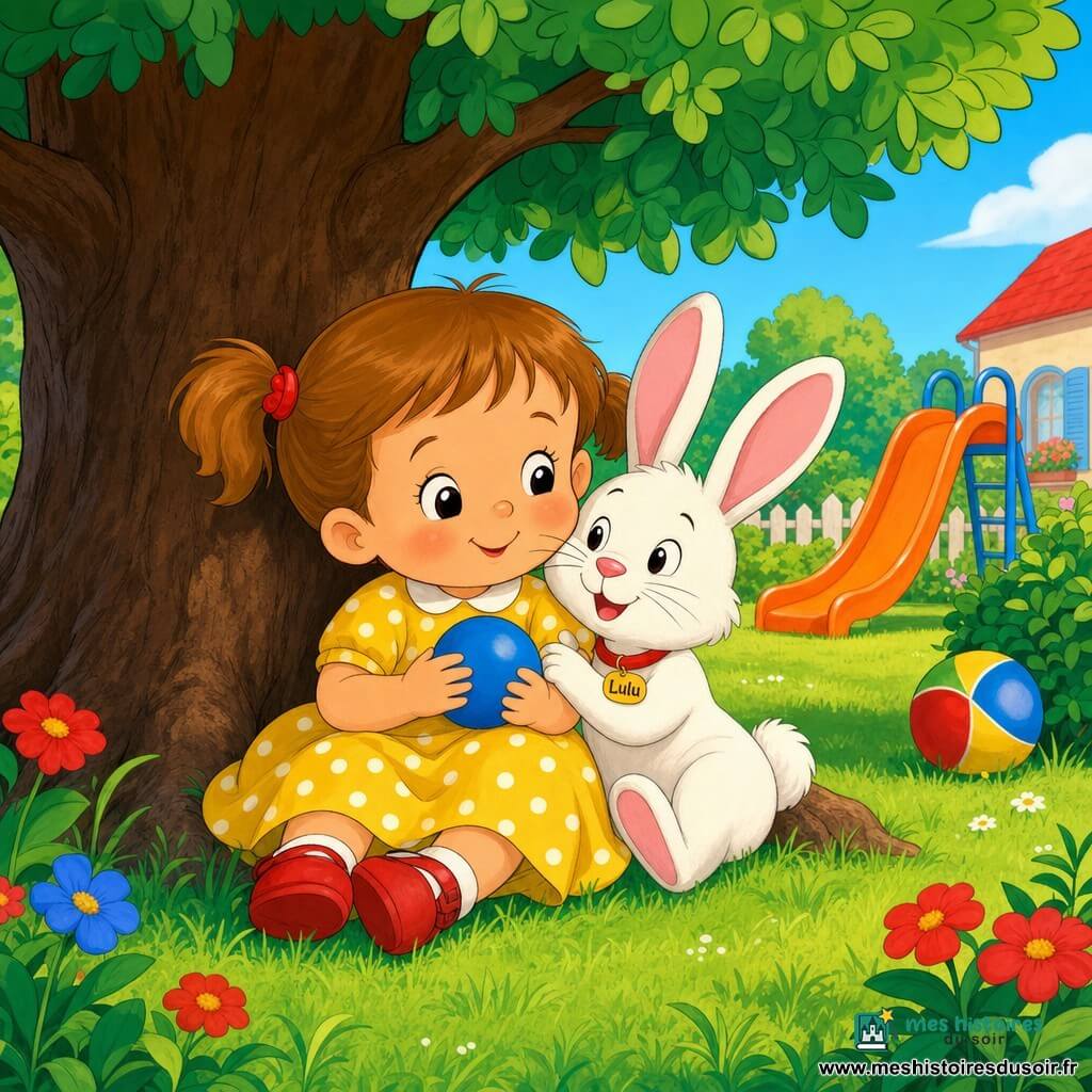 Une fillette de 2 ans, assise dans l'herbe, souriante et paisible, robe jaune à pois blancs, cheveux courts châtains en couettes, tient un petit ballon bleu; à côté d'elle Lulu, un petit lapin blanc aux longues oreilles roses, la câline joyeusement; ils sont côte à côte sous un grand arbre à tronc large, entourés d'une pelouse verte, de fleurs colorées et d'un toboggan orange, ambiance chaleureuse, couleurs vives et style simple et expressif pour tout-petits.