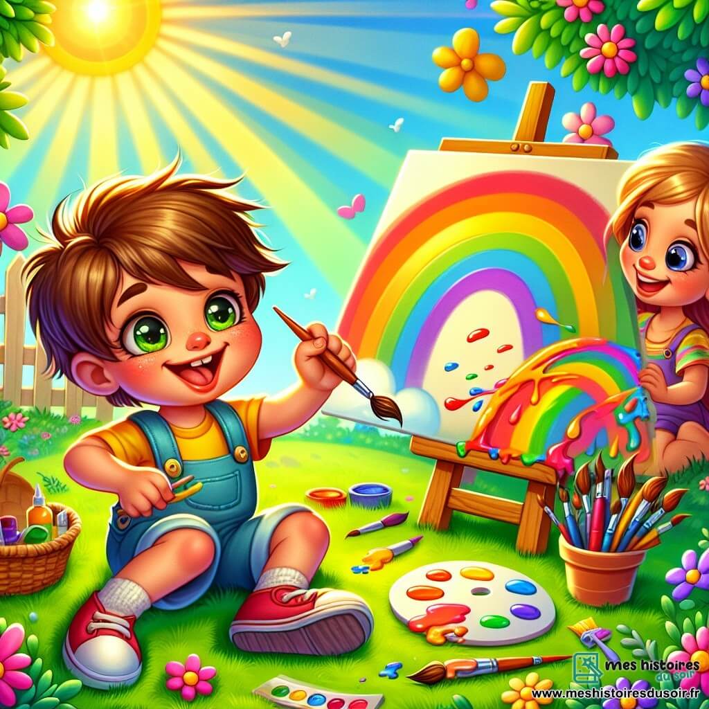 Un petit garçon de 4 ans, Paul, aux cheveux bruns en bataille et aux yeux pétillants, est assis sur l'herbe, tenant un pinceau et une palette de couleurs vives. Il sourit avec enthousiasme. À côté de lui, Léa, une animatrice souriante d'environ 25 ans, l'encourage à peindre son arc-en-ciel. Le jardin ensoleillé est rempli de fleurs colorées et d'arbres majestueux, avec des rayons de soleil filtrant à travers les feuilles. Paul peint un magnifique arc-en-ciel sur une toile, entouré de ses amis qui créent leurs propres œuvres d'art, dans une atmosphère joyeuse et créative.