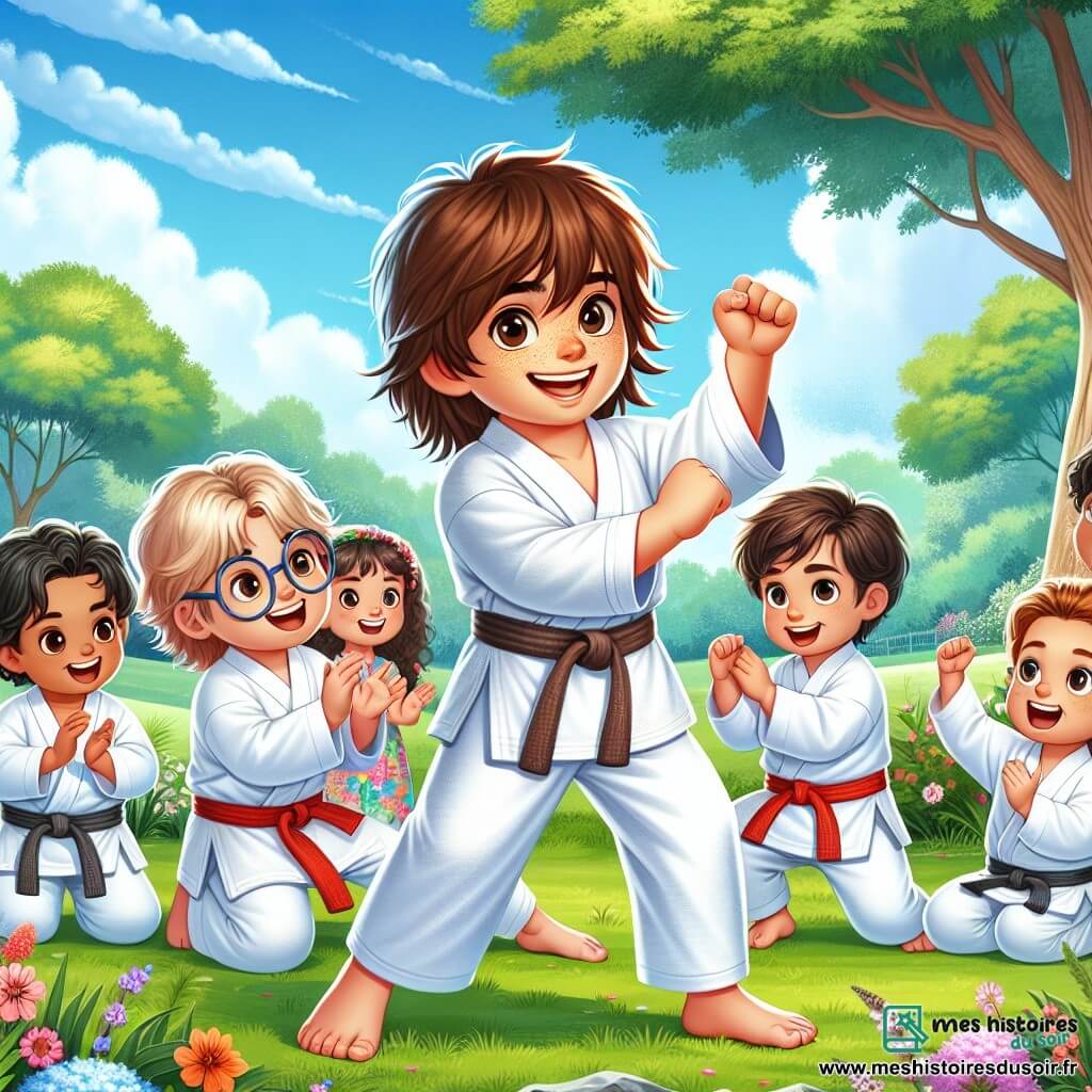 Léo, un garçon de 7 ans aux cheveux bruns en bataille et au grand sourire, porte un kimono blanc et montre un mouvement de karaté. À ses côtés, Max, également âgé de 7 ans, a des cheveux blonds et des lunettes, et fait un geste de karaté avec enthousiasme. Plusieurs enfants de 6 à 8 ans les regardent, émerveillés. Une petite fille aux cheveux bouclés lève les bras, prête à essayer, tandis qu'un garçon en t-shirt rouge applaudit. La scène se déroule dans un parc verdoyant avec des arbres et des fleurs, sous un ciel bleu parsemé de nuages. Léo et Max montrent aux autres enfants des mouvements de karaté, créant une atmosphère joyeuse et amicale.