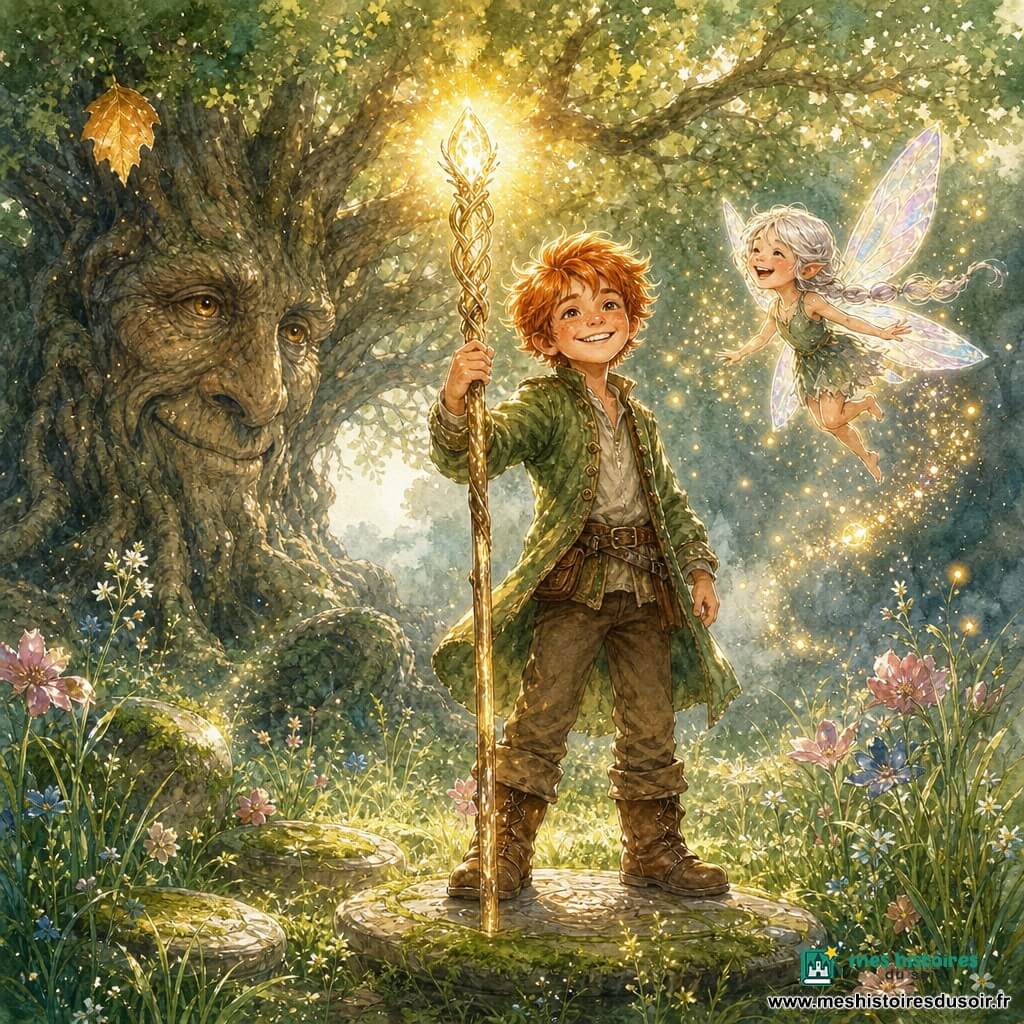 Bran, un jeune garçon joyeux et déterminé aux mèches rousses, en veste de lin vert et bottes de cuir, sourit et pose la main sur un long sceptre scintillant planté dans le sol, posture victorieuse ; Neria, une petite fée espiègle aux ailes irisées et à la tresse argentée, vole en riant avec des étincelles dorées autour d’elle ; à l’arrière-plan gauche se dresse le Grand Chêne, arbre ancien aux yeux d’ambre sculptés, racines noueuses et une feuille dorée accrochée ; la clairière baignée d’une lumière douce présente herbe haute vert émeraude, fleurs sauvages, pierres moussues et un léger brouillard ; on voit le moment où Bran retire le Sceptre du Rire des Brumes Sombres : une chaude lumière irradie du sceptre, poussières dorées flottent et la couleur vive de la forêt renaît contrastant avec l’obscurité résiduelle ; style aquarelle texturée, traits fins au gel blanc pour les lueurs, palette chaude dominée par verts, ors et tons terre, ambiance magique et bienveillante.