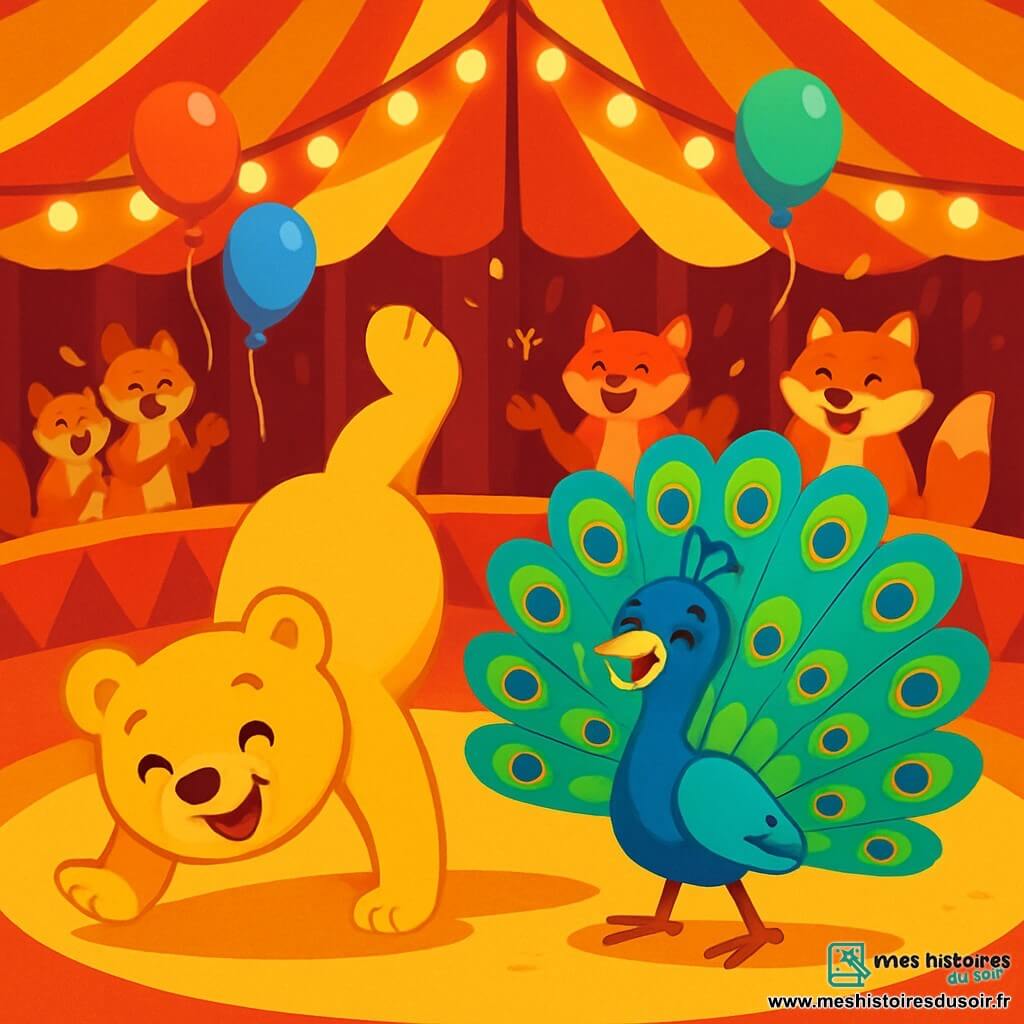 Dodo, un ourson doré au pelage doux et brillant, fait la roue sur la piste du cirque, son visage rayonnant de joie. À côté, Gaspard, un paon aux plumes éclatantes, déploie sa roue colorée avec un sourire fier. Le chapiteau de cirque, aux rayures rouges et jaunes, est décoré de lumières scintillantes et de ballons, créant une atmosphère festive. Au fond, des spectateurs, écureuils et renards, applaudissent avec enthousiasme, ajoutant à l'énergie joyeuse de la scène. Dodo et Gaspard, en pleine performance, font rire le public avec leur numéro coloré, remplissant l'air de rires et de bonheur.