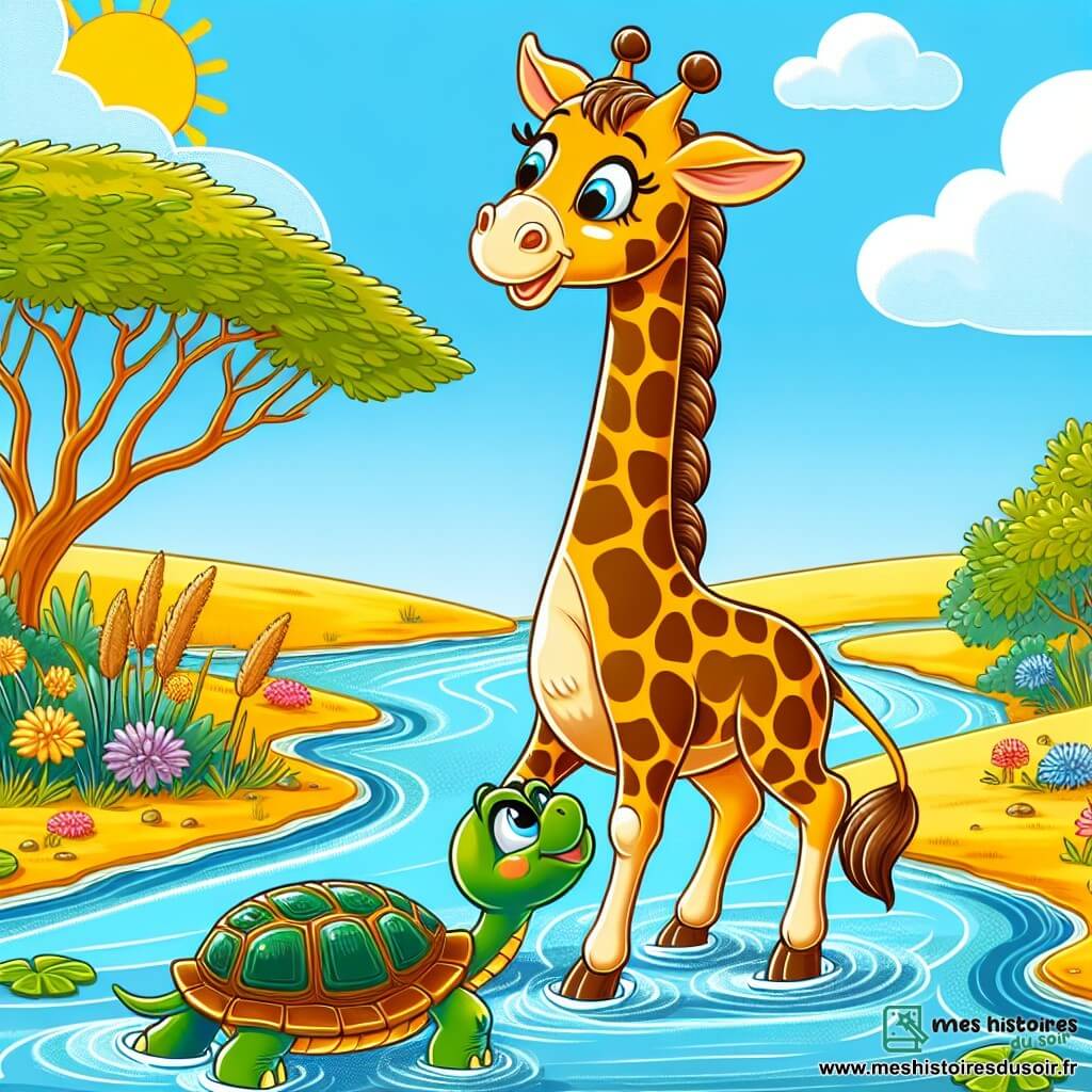 Une girafe nommée Gigi, avec un long cou élégant et un pelage tacheté de jaune et de brun, se tient au bord d'une rivière scintillante, affichant une expression joyeuse. À ses côtés, une tortue nommée Titi, avec une carapace verte, regarde avec admiration, prête à grimper sur le dos de Gigi pour traverser la rivière. Le lieu est une savane ensoleillée, parsemée d'acacias et de fleurs colorées, avec un ciel bleu. Gigi s'agenouille pour permettre à Titi de monter sur son dos, prête à traverser le courant de la rivière, symbolisant l'amitié et le courage.