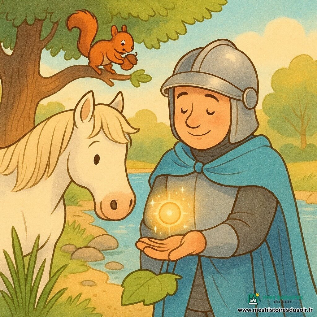 Sire Luc, chevalier d'environ 30 ans au visage rond et souriant, porte une grande cape bleu ciel et un casque argenté; calme et émerveillé, il tient la main gauche ouverte au‑dessus d'une feuille dont la paume est éclairée par une petite sphère lumineuse dorée représentant la vérité. Son cheval blanc Nuage, grand et amical, se tient derrière lui, un écureuil roux sur une branche tient une noisette en regardant la scène. Au bord d'une rivière claire aux galets lisses et roseaux, près d'un vieux chêne à gauche, l'aube chaude baigne la scène de couleurs pastel et d'ombres longues, ambiance paisible et magique.
