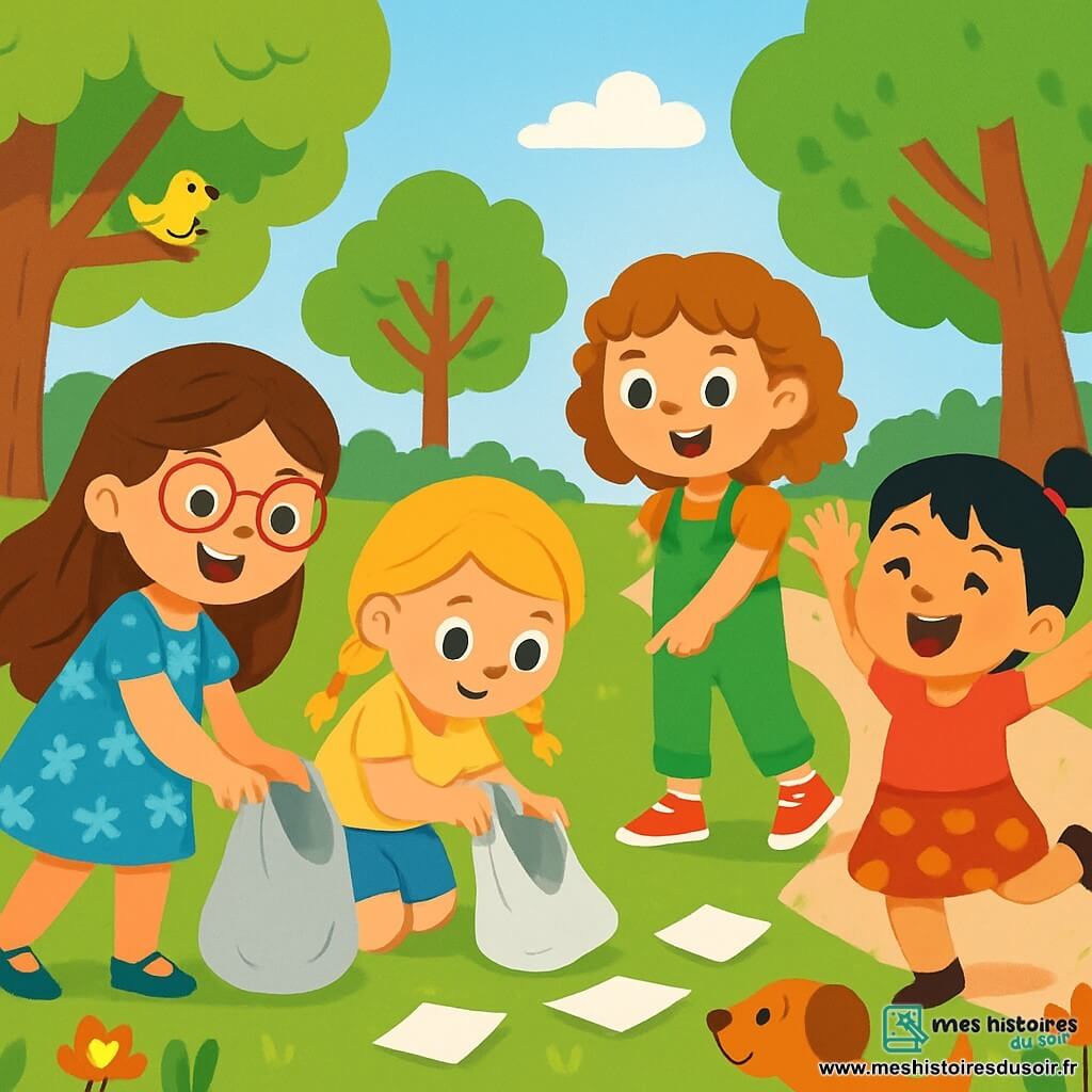 Quatre enfants sont présents : Léa, 6 ans, avec de longs cheveux bruns et des lunettes roses, porte une robe bleue à fleurs et ramasse un papier en souriant. Mia, 5 ans, avec des cheveux blonds en tresses, en t-shirt jaune et short en jean, est accroupie avec un sac en plastique. Zoé, 6 ans, cheveux bouclés châtains, en salopette verte et baskets rouges, pointe un papier au sol avec enthousiasme. Anna, 5 ans, avec des cheveux noirs en queue de cheval, en t-shirt rose et jupe à pois, saute de joie à côté de ses amies. Elles se trouvent dans un parc verdoyant avec des arbres, des fleurs colorées et un chemin en gravier. Les filles ramassent des papiers sur l'herbe, souriantes, tandis qu'un chien les observe.