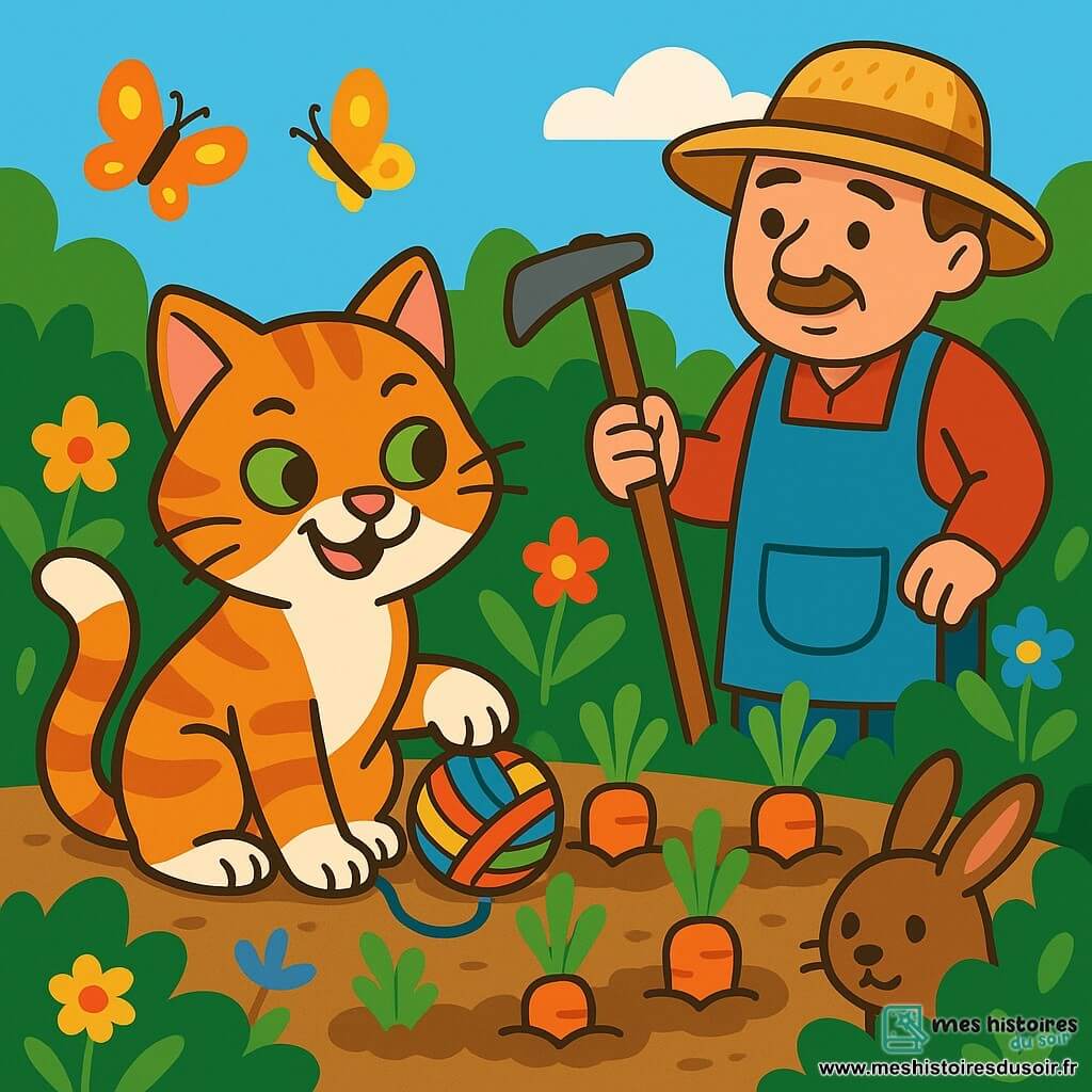 Un chat nommé Max est assis près d'un jardin luxuriant, ses yeux verts malicieux et son pelage rayé orange et blanc brillant au soleil. Il joue avec une pelote de laine, un sourire espiègle sur le visage. Un fermier d'âge moyen, avec une casquette en paille et un tablier, l'observe amusé, tenant une houe. Le jardin est rempli de carottes bien alignées, entourées de fleurs colorées et de papillons. La scène montre Max distrayant le fermier pendant que des animaux cachés dans les buissons s'approchent pour voler des carottes.