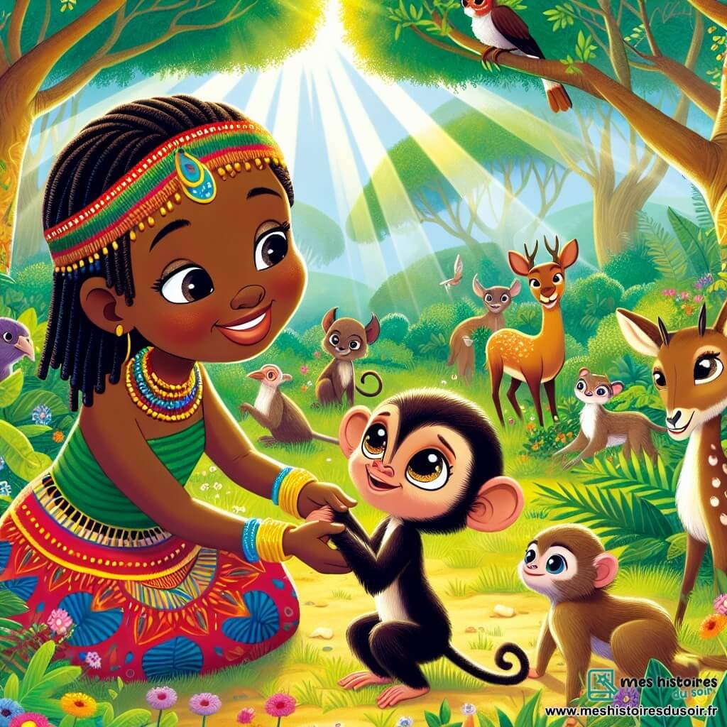 Amina, une femme africaine d'une cinquantaine d'années, sourit chaleureusement. Ses cheveux noirs tressés sont ornés de perles colorées et elle porte une robe aux motifs africains. Elle s'accroupit près d'un petit singe triste, lui tenant la main avec tendresse. Le singe, un jeune mâle aux yeux pétillants et pelage brun, la regarde avec espoir. Dans une forêt luxuriante, entourée d'arbres majestueux, de fleurs colorées et d'oiseaux chantants, des rayons de soleil créent une ambiance magique. Amina réconforte le singe en lui parlant de l'amitié et de la diversité, tandis que les autres animaux, curieux, s'approchent pour écouter.