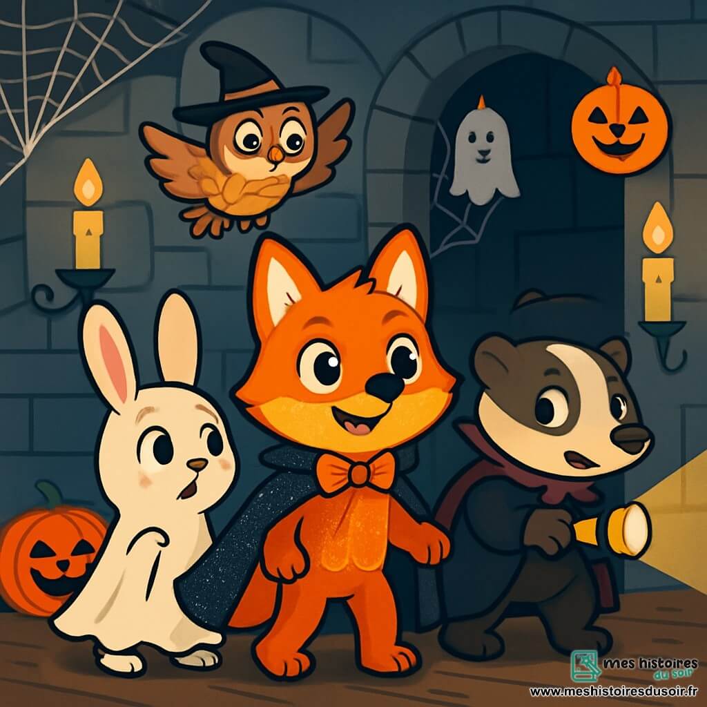 Un jeune renard orange vif, en costume de velours scintillant et cape mystérieuse, se tient au centre de la scène, émerveillé et courageux. À ses côtés, une lapine en costume de fantôme regarde avec curiosité et appréhension. Un blaireau en déguisement de vampire, tenant une lampe torche, éclaire la pièce avec détermination. Une chouette en sorcière survole la scène, observant ses amis. Ils se trouvent dans une maison hantée avec des murs en pierre grise, des toiles d'araignée et des chandelles vacillantes. Des décorations d'Halloween, comme des citrouilles et des fantômes en papier, ornent les murs. Le groupe d'amis cherche des trésors cachés, dans une atmosphère mystérieuse et festive, remplie d'aventure et d'amitié.