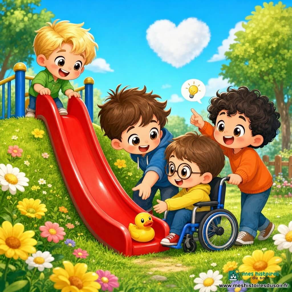 Quatre garçons — Léo (≈5 ans, cheveux blonds courts, chemise verte), Max (≈6 ans, cheveux bruns en bataille, baskets rouges), Tom (≈5 ans, cheveux châtains, lunettes, petit fauteuil roulant bleu) et Hugo (≈5 ans, cheveux bouclés noirs, pull orange) — se regroupent au bas d'un grand toboggan rouge dans un petit parc herbeux fleuri sous un ciel bleu: un canard en caoutchouc jaune est coincé et ils poussent ensemble, souriants, dans un style chibi kawaii aux formes rondes et couleurs vives.