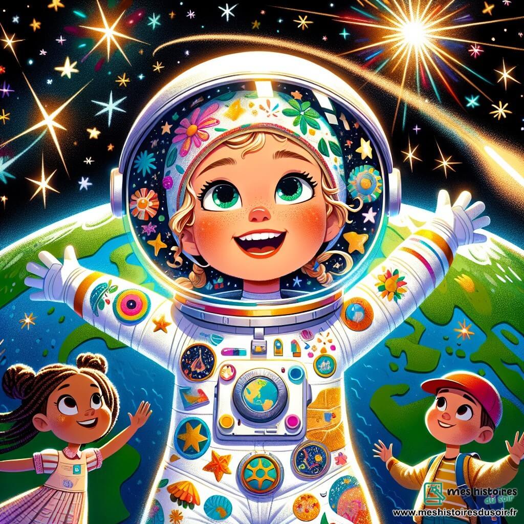 Chloé, une astronaute souriante, flotte au centre de l'image dans l'espace, portant un casque transparent et une combinaison spatiale blanche décorée de couleurs vives et de patchs d'étoiles. Ses bras sont ouverts, comme si elle dansait parmi les étoiles. Autour d'elle, des enfants sont captivés : Lucas, 8 ans, lève la main avec enthousiasme ; Emma, 7 ans, regarde avec admiration ; et Timothée, 6 ans, sourit en pointant une comète brillante. Le décor est un vaste espace noir rempli d'étoiles, avec la Terre visible en arrière-plan. Chloé partage son rêve d'exploration spatiale, créant une atmosphère d'émerveillement et d'inspiration.