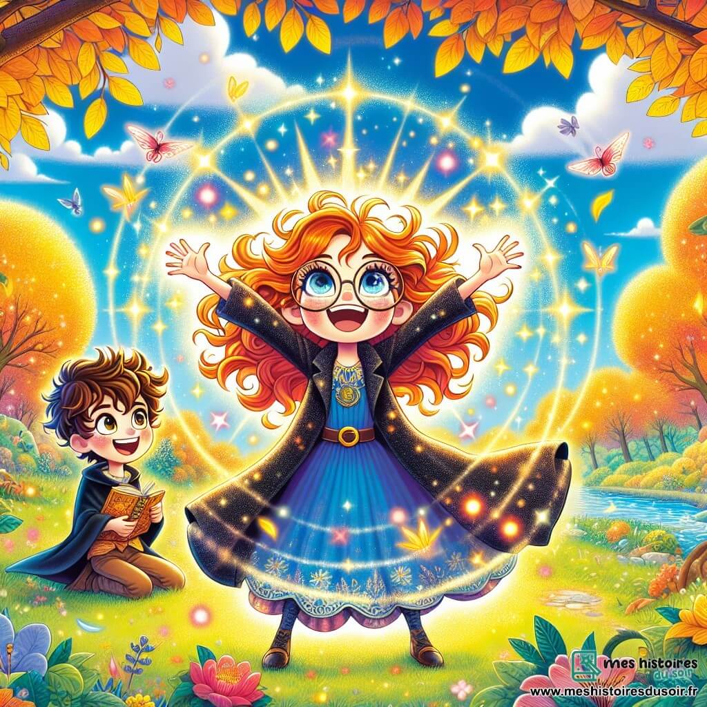 Dans un parc enchanté, Lila, une jeune sorcière de 10 ans aux cheveux en désordre couleur feu et portant de grandes lunettes rondes, se tient au centre de l'image, souriante et les bras levés vers le ciel, entourée d'une lueur scintillante. À ses côtés, Lucas, un garçon de 10 ans aux cheveux bruns en bataille, l'observe avec admiration, tenant un livre de potions. Le parc est vibrant, avec des arbres aux feuilles dorées, des fleurs colorées et des cerisiers en fleurs, sous un ciel bleu éclatant. Lila lance un sort de transformation, une lumière magique émanant de ses mains et des bulles colorées flottant autour d'eux, créant une atmosphère féerique et joyeuse.