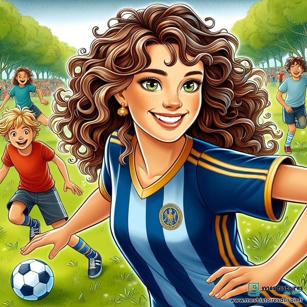 Clara, une jeune femme aux cheveux bruns et bouclés, est au centre de l'image, souriante et pleine d'énergie, dribblant un ballon de football sur un terrain verdoyant. Elle porte un maillot bleu et or, et ses yeux brillent de détermination et de joie. À sa droite, Maxime, un petit garçon de 8 ans aux cheveux blonds, l'observe avec admiration, impatient de montrer ses talents de footballeur. En arrière-plan, un groupe d'enfants s'amuse à jouer au football sur le terrain ensoleillé, créant une atmosphère joyeuse. La scène montre Clara enseignant aux enfants comment dribbler, partageant sa passion pour le football et les encourageant à s'amuser.