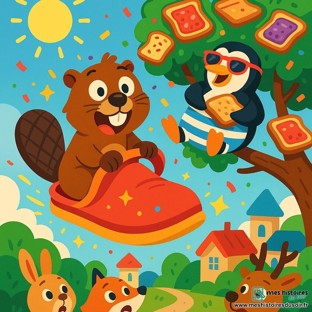 Gaston le castor, avec son pelage brun et ses grandes dents blanches, est assis sur une pantoufle volante, surpris et souriant. Il tient la bordure de la pantoufle avec ses petites pattes palmées. À côté, Pablo le pingouin, en tenue de baignade rayée et lunettes de soleil, est allongé sur une branche, riant et tenant une tartine géante. L'arbre à tartines magique est rempli de tartines colorées et de confettis, sous un ciel bleu éclatant. Gaston et Pablo volent au-dessus du village des animaux, entourés d'étincelles et de confettis, tandis que des animaux curieux les regardent, émerveillés par cette scène joyeuse.