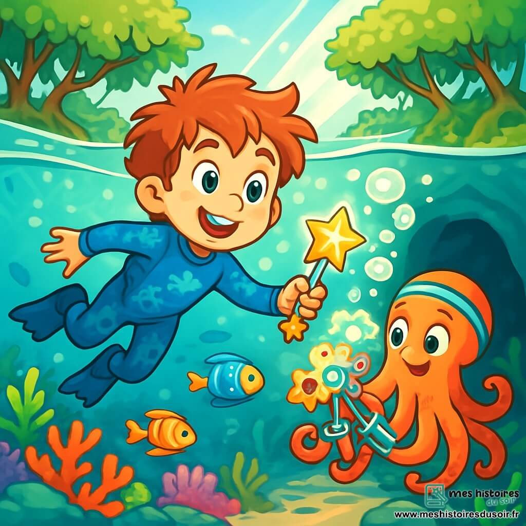 Un garçon de 10 ans, Matis, avec des cheveux ébouriffés et un grand sourire, nage joyeusement dans un lagon turquoise. Il porte une combinaison de plongée bleue et tient une clé étoile brillante. À ses côtés, Calypso, une pieuvre aux tentacules colorés, crée une machine en forme de fleur qui émet des bulles lumineuses. Le lagon est entouré de mangroves, et des rayons de soleil illuminent des coraux et des poissons scintillants. Matis et Calypso découvrent une grotte mystérieuse prête à révéler ses secrets.