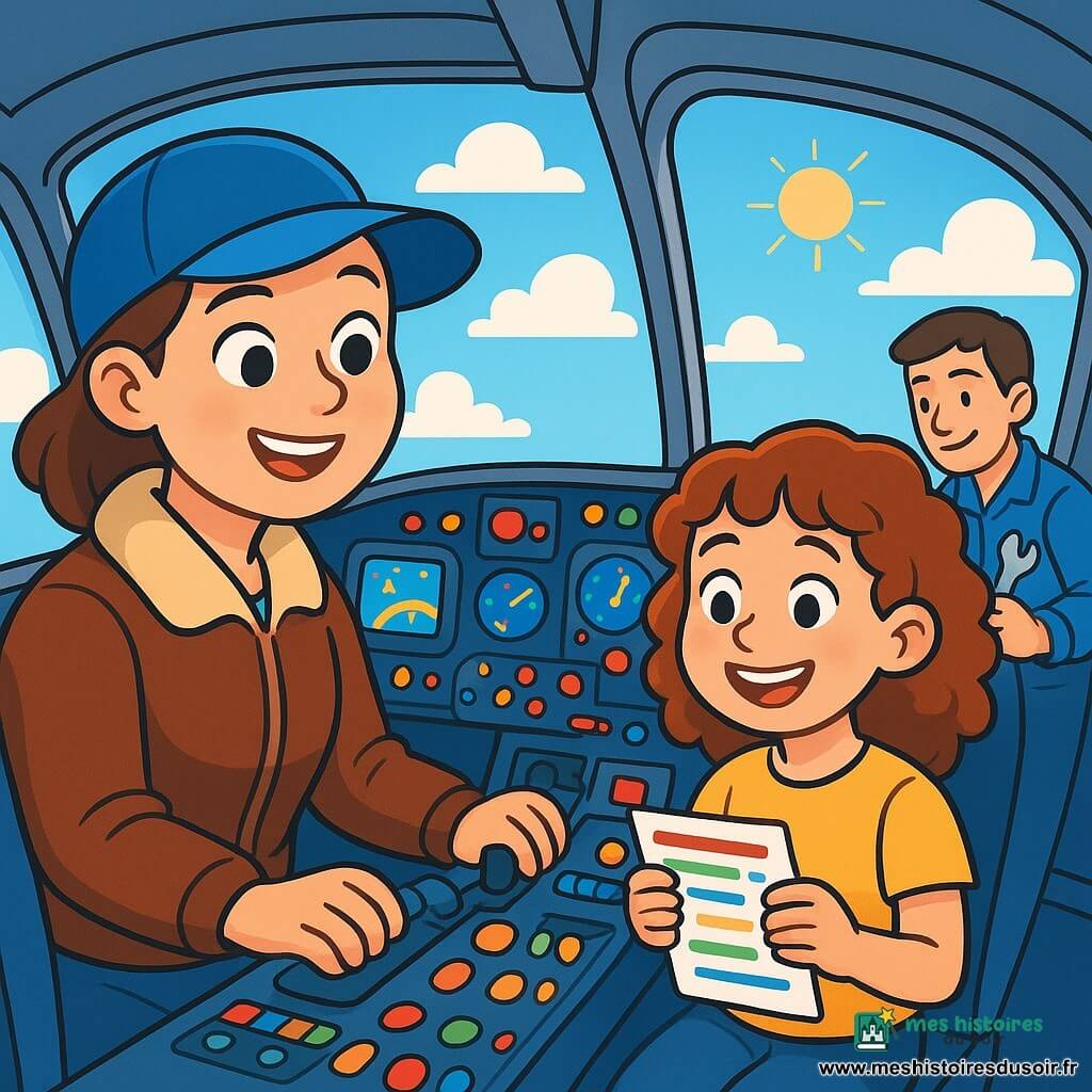 Lucie, une pilote souriante en casquette bleue et veste d’aviateur, se tient dans le cockpit de son avion, entourée de boutons colorés. À ses côtés, Amélie, une fillette de 10 ans, feuillette une check-list colorée. En arrière-plan, Tom, un homme d’une trentaine d’années en combinaison de mécanicien, ajuste un outil. Le cockpit est lumineux avec des fenêtres offrant une vue sur un ciel bleu et des nuages blancs. Lucie et Amélie préparent le vol, tandis qu'un petit garçon assis dans le siège passager admire le paysage, prêt pour une aventure dans les airs.