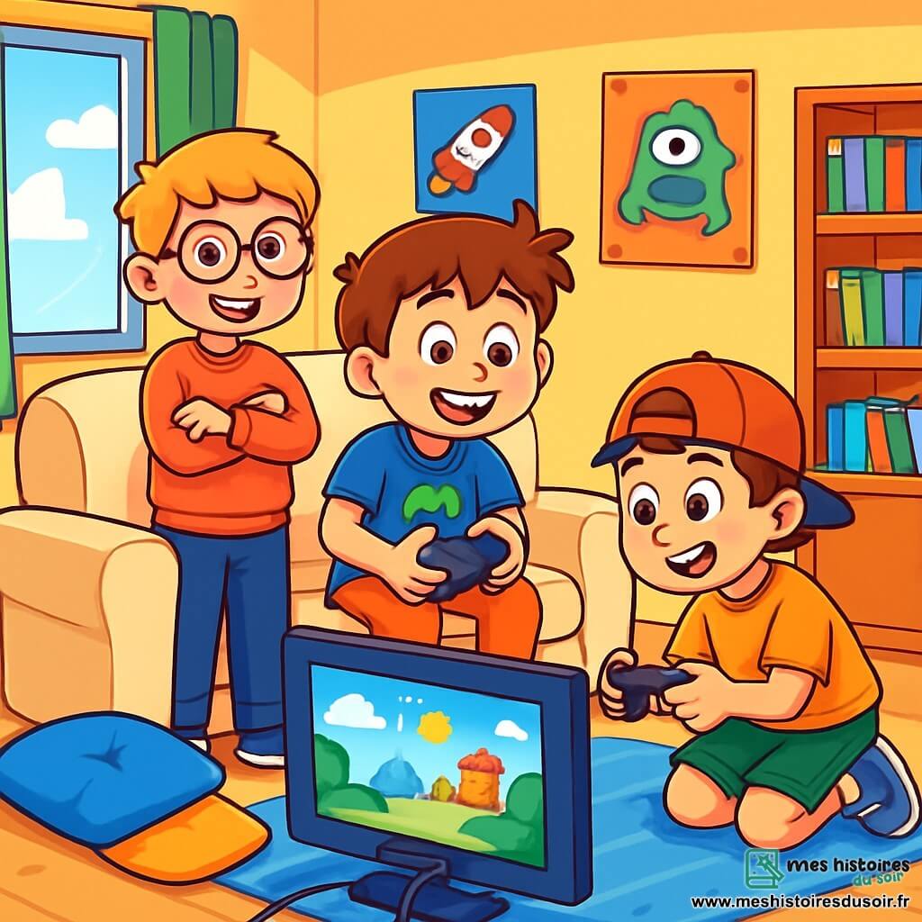 Il y a trois personnages : Simon, un garçon de 10 ans aux cheveux bruns en bataille, assis sur un canapé avec une manette de jeu et un sourire ; Tom, un garçon de 9 ans avec des cheveux blonds et des lunettes rondes, debout à côté de Simon, enthousiaste ; et Lucas, un garçon de 10 ans avec des cheveux châtains et une casquette à l'envers, accroupi devant la télévision, concentré sur le jeu. La scène se déroule dans la chambre de Simon, décorée de posters de jeux vidéo et d'étagères remplies de jeux, avec une lumière douce filtrant à travers les rideaux. Les trois amis sont plongés dans l'excitation d'une partie de jeu vidéo, riant et s'encourageant mutuellement.