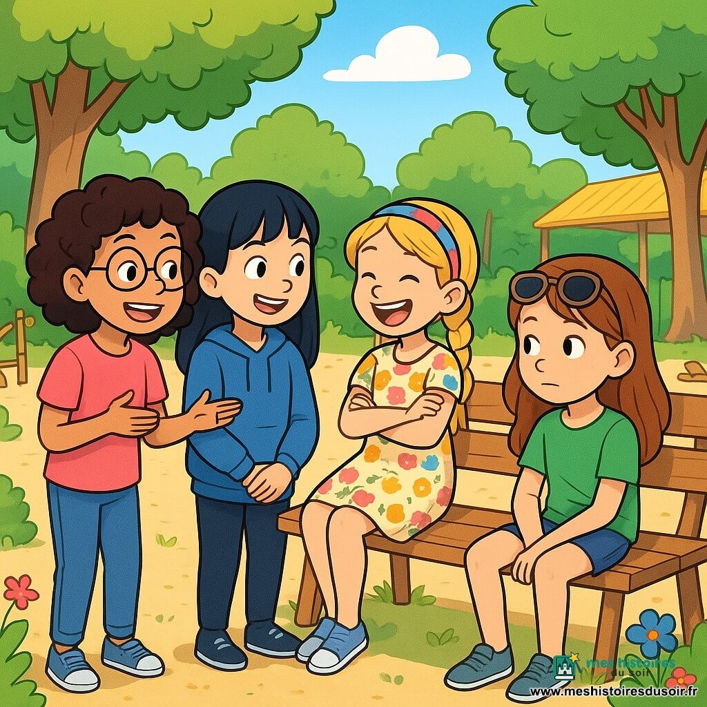 Il y a quatre enfants : Léa, une fille de 9 ans avec des cheveux bruns bouclés et des lunettes rondes, souriante en racontant une histoire ; Inès, avec des cheveux blonds tressés et un bandeau coloré, riant sur un banc ; Sofia, avec des cheveux noirs lisses et une frange, écoutant Léa attentivement ; et Manon, avec des cheveux châtains et des lunettes de soleil, observant les autres. L'action se déroule dans la cour de l'école, entourée d'arbres et de fleurs, où les enfants jouent joyeusement. Ils remarquent une nouvelle élève, Emma, assise seule, hésitant à l'inviter, illustrant leur amitié et leur désir d'inclusion.