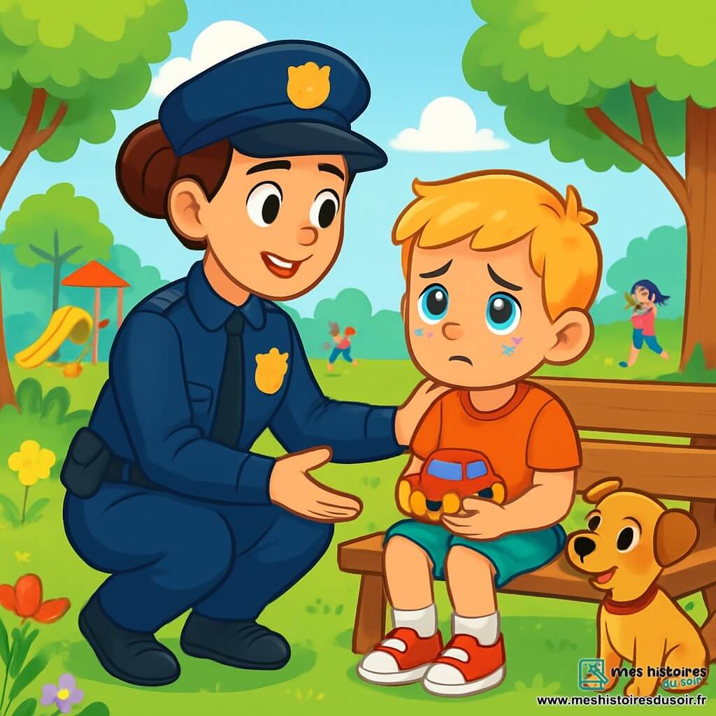 Une policière nommée Marie, d'une trentaine d'années, avec des cheveux bruns en chignon et un sourire chaleureux, porte un uniforme bleu marine avec un insigne brillant. Elle est accroupie pour réconforter un jeune garçon de 7 ans, blond et en larmes, qui tient un jouet. Ils se trouvent dans un parc verdoyant, entourés d'arbres et de fleurs. Des enfants jouent au loin. Marie parle avec douceur et compassion au garçon perdu, tandis qu'un petit chien curieux s'approche, ajoutant de la tendresse à la scène.