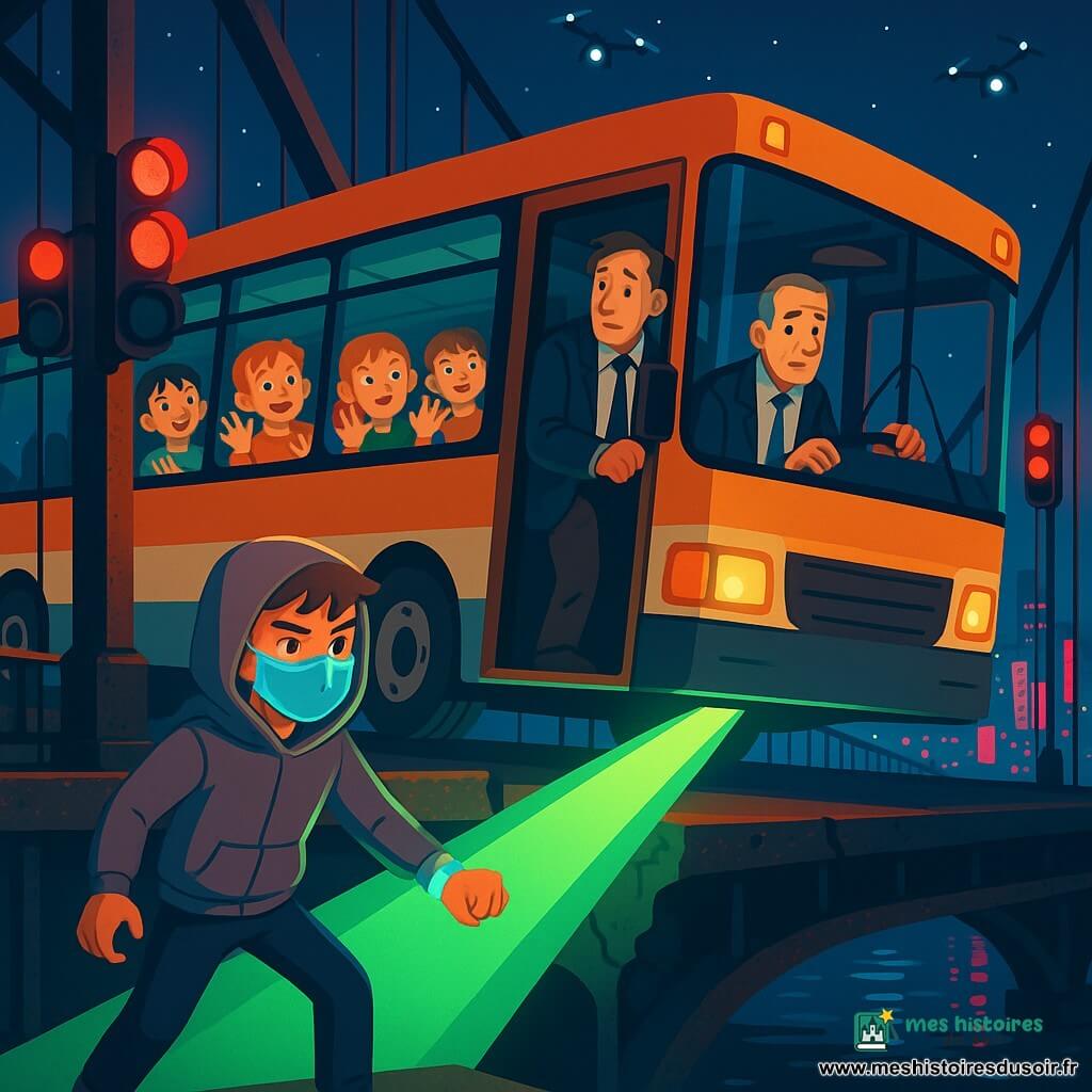 Un adolescent, Noham/Nova-Veil, capuche grise et masque bleu translucide, concentré, projette une large rampe de lumière verte depuis un bracelet pour soutenir un bus immobilisé au milieu d’un grand pont suspendu la nuit; le chauffeur pâle, costume froissé, reste immobile à la porte, tandis que plusieurs enfants collent le nez aux vitres, émerveillés par les lampes intérieures; câbles verticaux et structure métallique rouillée surplombent une eau noire réfléchissant néons roses et bleus, des feux rouges clignotent, de petits drones lumineux survolent la scène — palette vive (bleu nuit, vert néon, rose fuchsia, touches d’orange), lignes nettes, formes simples et ombres douces, rendu vectoriel propre pour un album jeunesse.