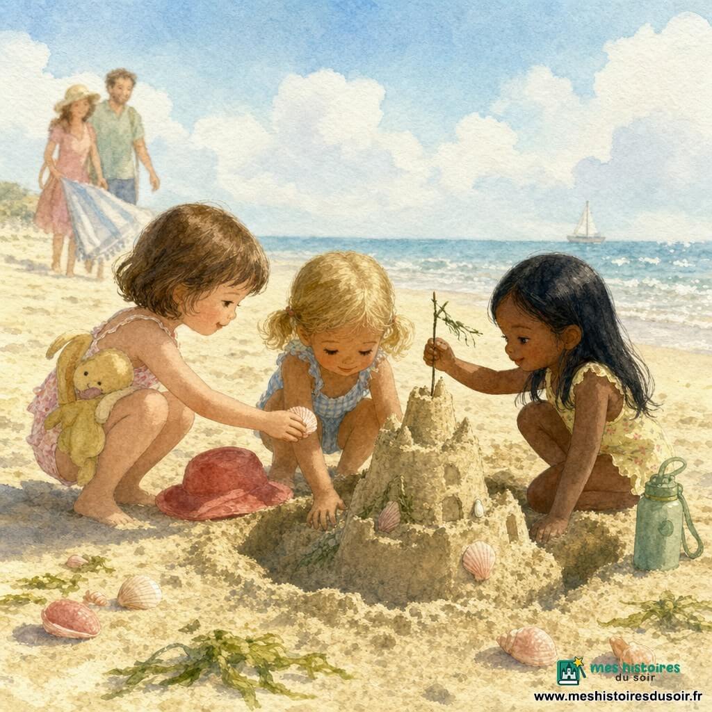 Trois fillettes de 3 ans construisent un château de sable au bord de l'eau : à gauche Louise, cheveux bruns courts, doudou jaune, accroupie en train de poser une coquille ; au centre Inès, cheveux blonds en couettes, chapeau rouge à côté, creusant un fossé ; à droite Maïa, cheveux noirs lisses, petite gourde verte à côté, plantant une brindille en drapeau. Plage au sable doré, petites vagues, ciel bleu clair, quelques coquillages et algues près du château, lumière du matin douce et pastel, parents flous souriants en arrière-plan apportant une serviette.