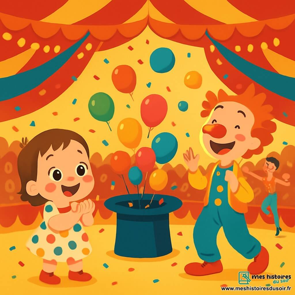 Une petite fille de 2 ans, Zoé, avec de grands yeux et des joues roses, tape des mains avec un grand sourire. Elle porte une robe à pois multicolores et des chaussons rouges. À côté d'elle, un clown joyeux jongle avec des ballons colorés. Un acrobate, Léo, fait des pirouettes au fond de la scène, vêtu d'un costume brillant. La scène se déroule sous un chapiteau de cirque aux couleurs vives, rempli de lumières et de spectateurs enthousiastes. Un chapeau géant déborde de ballons flottants, tandis que des confettis tombent. Zoé, surprise et joyeuse, glisse sous la barrière et se retrouve au milieu de la piste, entourée de rires et de magie.