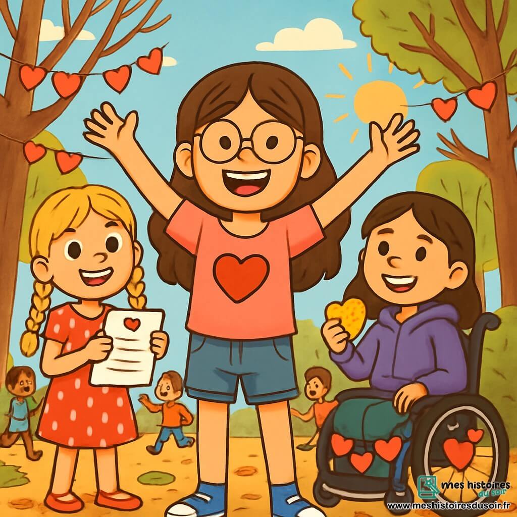 Trois personnages sont présents : Zoé, une fille de 12 ans avec de longs cheveux bruns, des lunettes rondes et un t-shirt rose, qui lève les bras avec enthousiasme ; Léa, également âgée de 12 ans, avec des cheveux blonds en tresses et une robe rouge à pois blancs, tenant un indice en forme de poème ; et Chloé, brune et assise dans un fauteuil roulant décoré de cœurs, tenant un biscuit en forme de cœur. L'action se déroule dans un parc verdoyant, où des guirlandes de cœurs en papier sont accrochées aux arbres et des enfants jouent autour. Les trois amies célèbrent la Saint-Valentin en pleine chasse au trésor, échangent des sourires et profitent d'un moment de camaraderie joyeuse.