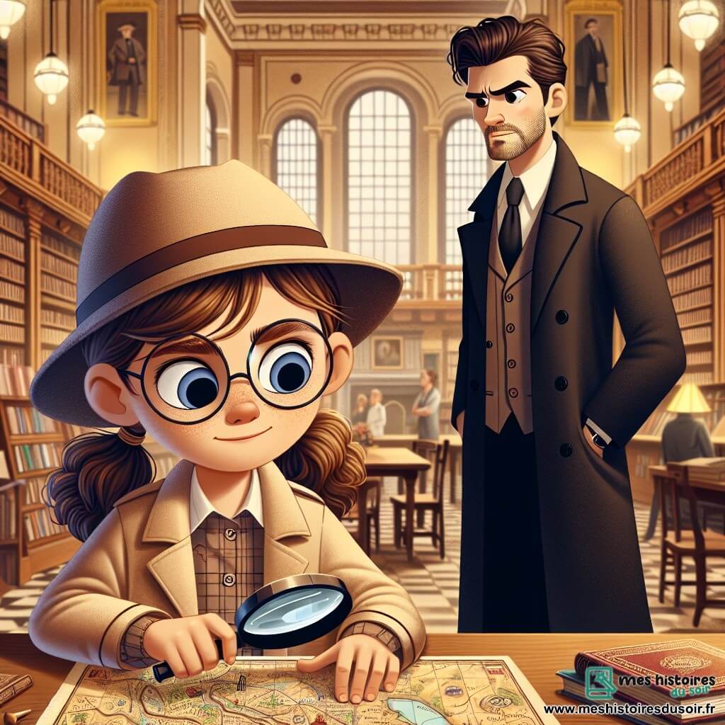 Léa, une jeune détective de 10 ans, se tient au centre de l'image, avec des cheveux bruns en queue de cheval et des lunettes rondes. Elle porte un trench-coat beige et un chapeau de détective, examinant une carte ancienne avec une loupe. À côté d'elle, un homme d'environ 30 ans, vêtu de noir, semble inquiet et hésitant. Le décor est une bibliothèque municipale avec des étagères de livres anciens et une lumière douce. Léa enquête sur un collier disparu, tandis que l'homme en noir semble sur le point de révéler un secret, créant une tension dans l'illustration.