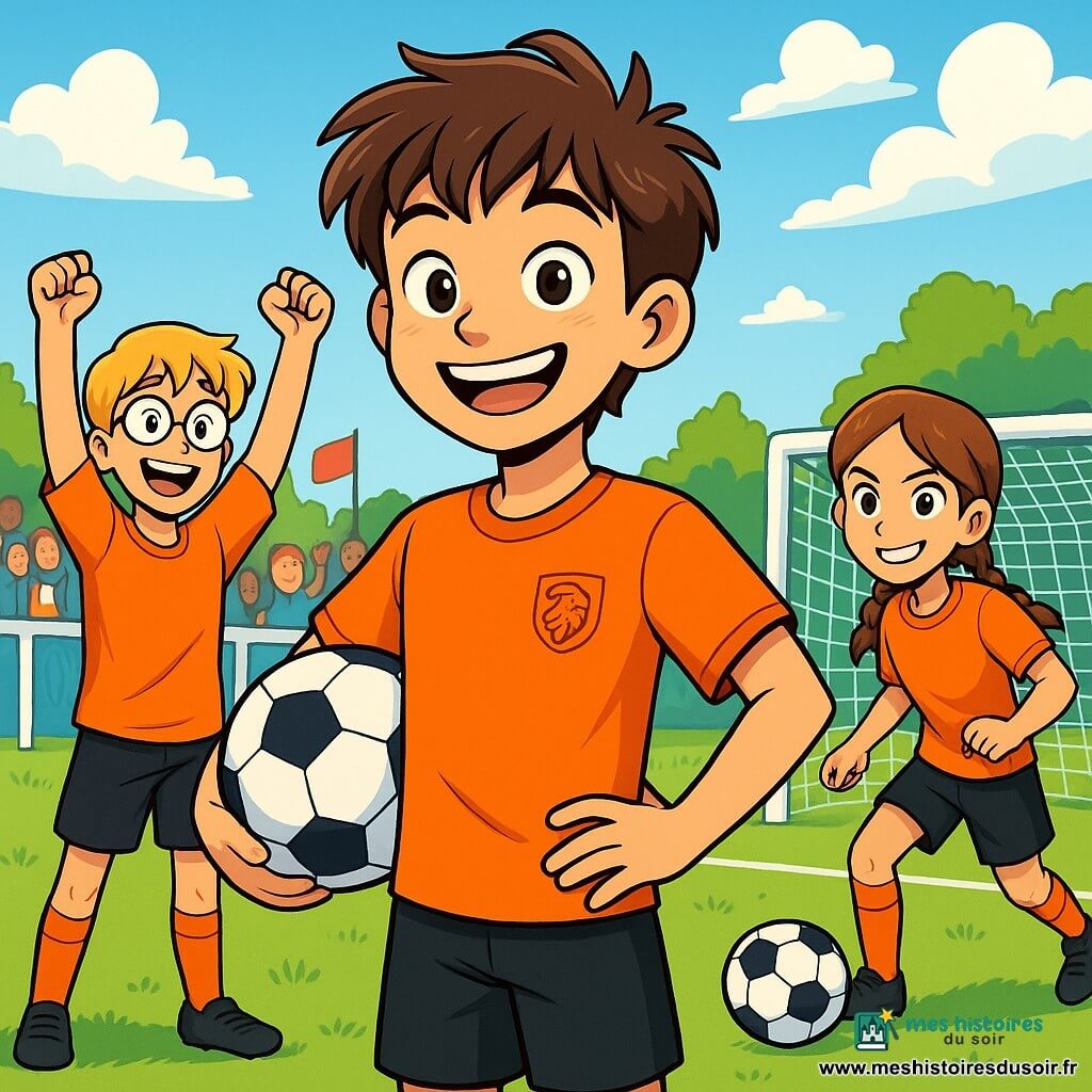 Un garçon de 12 ans, Yan, aux cheveux bruns en bataille et aux yeux pétillants, se tient sur un terrain de foot verdoyant avec un ballon sous le bras. Il porte un maillot orange avec le logo des Lionceaux et des shorts noirs, affichant un large sourire. À côté de lui, Lucas, également âgé de 12 ans, aux cheveux blonds et aux lunettes, fait un geste de victoire en levant les bras. Anna, une fille de 11 ans avec des tresses et un sourire éclatant, se prépare à tirer au but, concentrée et énergique. Le terrain est entouré de barrières blanches et de spectateurs brandissant des drapeaux colorés, sous un ciel bleu clair avec des nuages blancs. La scène dégage une ambiance de camaraderie et d'enthousiasme, capturant le moment où Yan et ses amis célèbrent un but marqué ensemble.