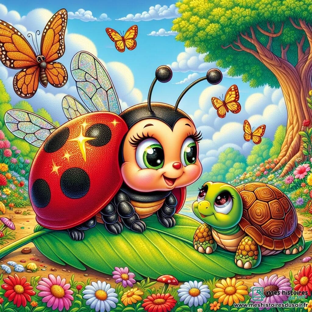 Une coccinelle nommée Lila, avec un dos rouge et des pois noirs, se tient sur une feuille verte, les yeux pétillants et un sourire joyeux. À ses côtés, une tortue nommée Hortense, avec une carapace brune, l'observe avec bienveillance, assise sur le sol entourée de fleurs colorées. En arrière-plan, un jardin luxuriant avec des fleurs éclatantes, des papillons et un grand chêne se dessine sous un ciel bleu parsemé de nuages. Lila est prête à partir à l'aventure, entourée de ses amis, avec un pois doré sur son dos, symbolisant la magie et le courage.