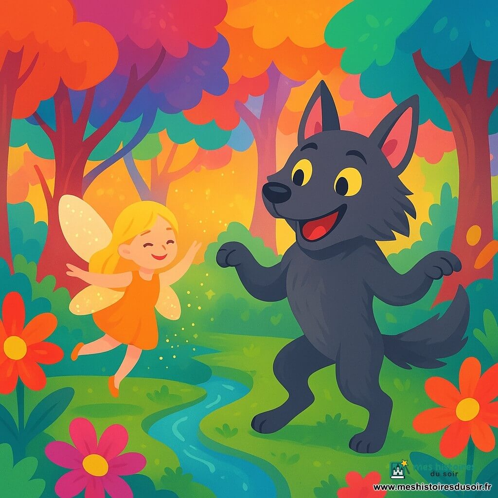 Un loup-garou aux yeux brillants et au pelage soyeux danse sur ses pattes arrière dans la Forêt Arc-en-Ciel, aux arbres multicolores et aux fleurs géantes. À ses côtés, la fée Paillette vole en lançant des étincelles de magie. Ils préparent une grande fête pour célébrer l’amitié, entourés de lumières et de rires.