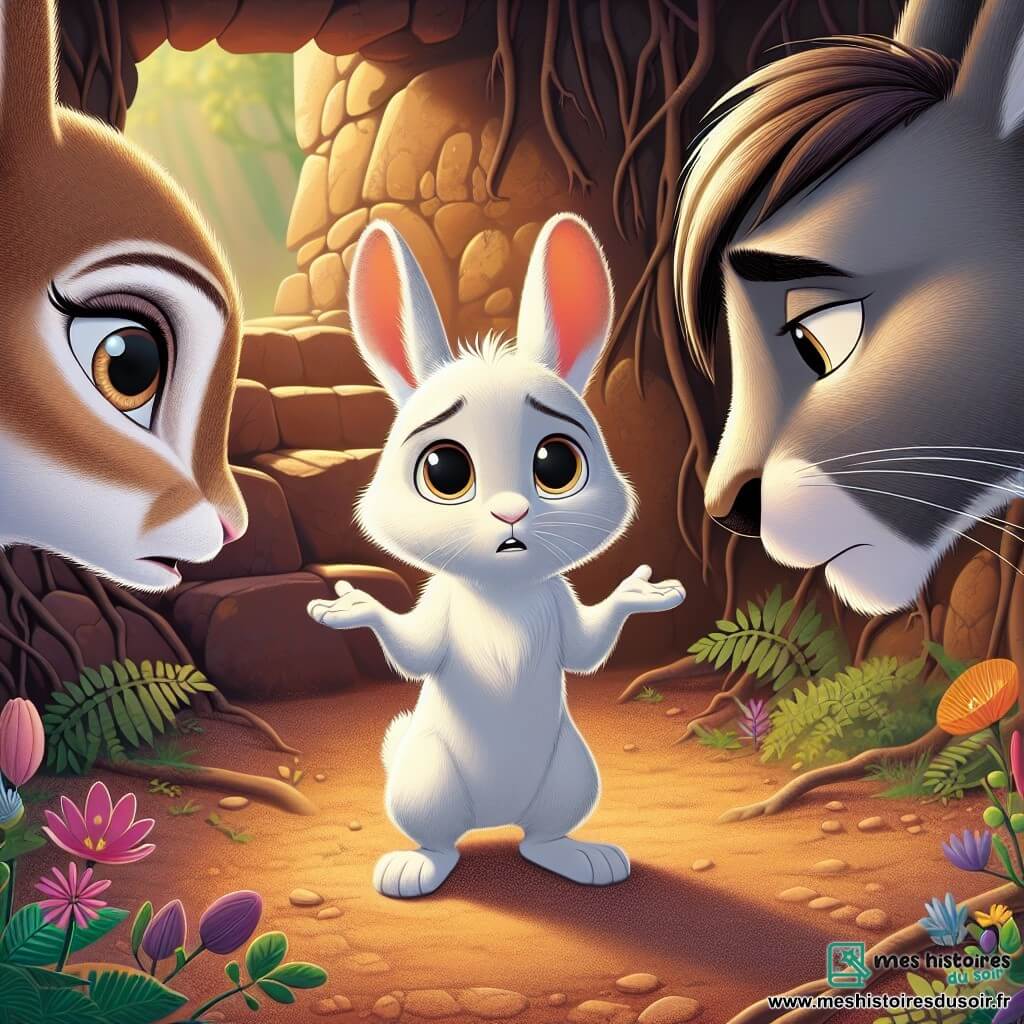 Léon, un jeune lapin aux grandes oreilles et à la fourrure blanche, affiche une expression d'inquiétude en se tenant sur ses pattes arrière, les pattes avant levées. Sa maman, une lapine marron clair, le regarde avec surprise et tendresse, tandis que son papa, un lapin gris, semble réfléchir, perdu dans ses pensées. Le décor est un terrier douillet avec des murs en terre, des racines d'arbres, des fleurs colorées et une lumière douce. Léon cherche à exprimer ses sentiments face aux disputes de ses parents, capturant un moment de tension et d'espoir pour une communication salvatrice.