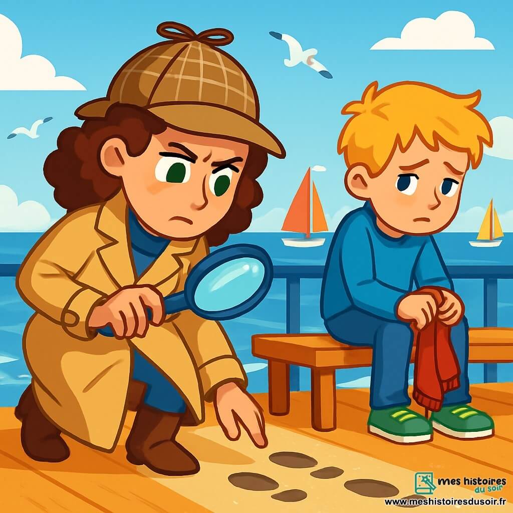 Léa Morel, détective aux cheveux châtains bouclés, porte un trench-coat beige et une casquette. Son visage montre détermination et inquiétude, ses yeux verts scrutent le sol. À ses côtés, Antonin, un garçon de 10 ans aux cheveux blonds en bataille, est assis sur un banc, triste, tenant une écharpe rouge. La scène se déroule sur une jetée en bois, avec des vagues scintillantes et des voiliers colorés au loin. Des mouettes volent au-dessus. Léa examine des traces de pas dans le sable mouillé, tandis qu'Antonin regarde la mer, espérant que son aventure ne se termine pas mal.