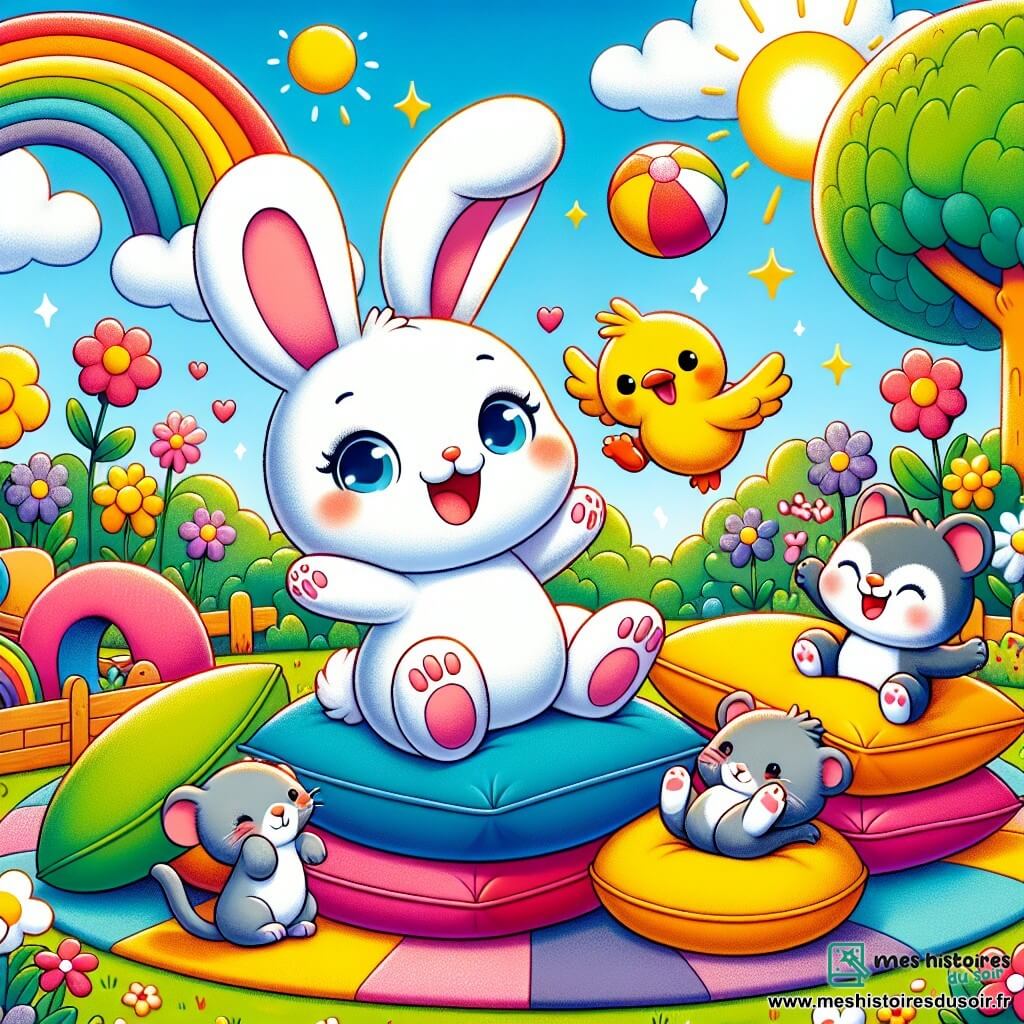 Dans un jardin ensoleillé, Lapinou, un lapin aux grandes oreilles et au pelage blanc, saute de joie, entouré de coussins colorés. Crocotte, une souris avec un nœud rose, glisse sur un coussin et rit en trébuchant. Léo, un chaton pelucheux, joue avec une balle rouge à côté de Lapinou. Oscar, un canard jaune, est allongé sur le dos, riant. Le jardin est rempli de fleurs colorées et d'arbres verdoyants, créant une ambiance joyeuse où les amis s'amusent ensemble.