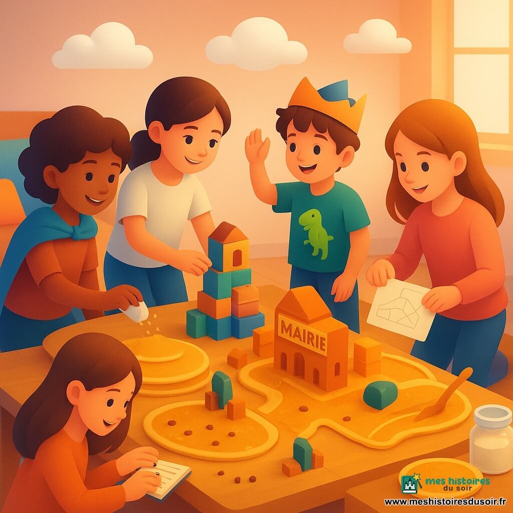 Cinq enfants construisent une micro-ville comestible appelée « Blokville » dans un salon-cuisine transformé : Lina (12 ans, cheveux bruns attachés) protège une petite mairie en blocs posée sur la table, Nino (8 ans, t-shirt dinosaure) se tient sur un siège et fait un discours de maire, Inès (12 ans, cheveux bouclés) saupoudre du sucre sur une « rue » de crêpe, Maëlle (12 ans, cheveux châtains) aligne des pépites et compte, et Zoé (12 ans, cheveux longs) tient un plan et ajoute un petit pont en crêpe. La scène est joyeuse et chaleureuse, avec des crêpes comme places et ponts, pépites en trottoirs, guimauves en nuages, coussins colorés, lumière chaude venant de la fenêtre et quelques ustensiles et un pot de sucre sur le plan de travail.