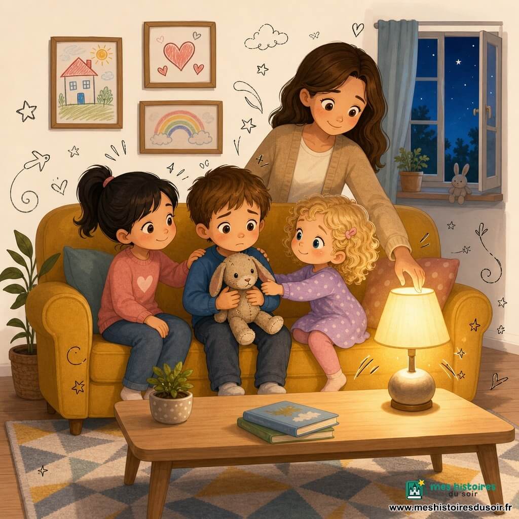 Quatre personnages dans un salon chaleureux au crépuscule : Lucas (garçon d’environ 4 ans, cheveux châtains courts, yeux grands et inquiets) assis au centre du canapé moutarde serrant une peluche usée contre sa poitrine, Jade (fille d’environ 5 ans, cheveux noirs en couette, sourire rassurant) assise à sa gauche la main droite posée sur son épaule, Nina (fille d’environ 3 ans, cheveux bouclés blonds, joueuse et douce) assise à sa droite tendant la peluche avec un petit bras, et Maman (femme dans la trentaine, cheveux longs bruns, regard gentil) debout derrière le canapé en train d’allumer une petite lampe sur la table basse en bois clair; la lampe diffuse un halo de lumière jaune douce autour des enfants tandis que le reste de la pièce est légèrement bleuté, la fenêtre montre un coin de ciel bleu foncé et quelques étoiles, le tapis à motifs géométriques et les murs couleur crème décorés de dessins d’enfant encadrés complètent l’atmosphère, avec de petites décorations doodle (étoiles, cœurs, lignes scintillantes) en overlay pour accentuer la sécurité et la chaleur.