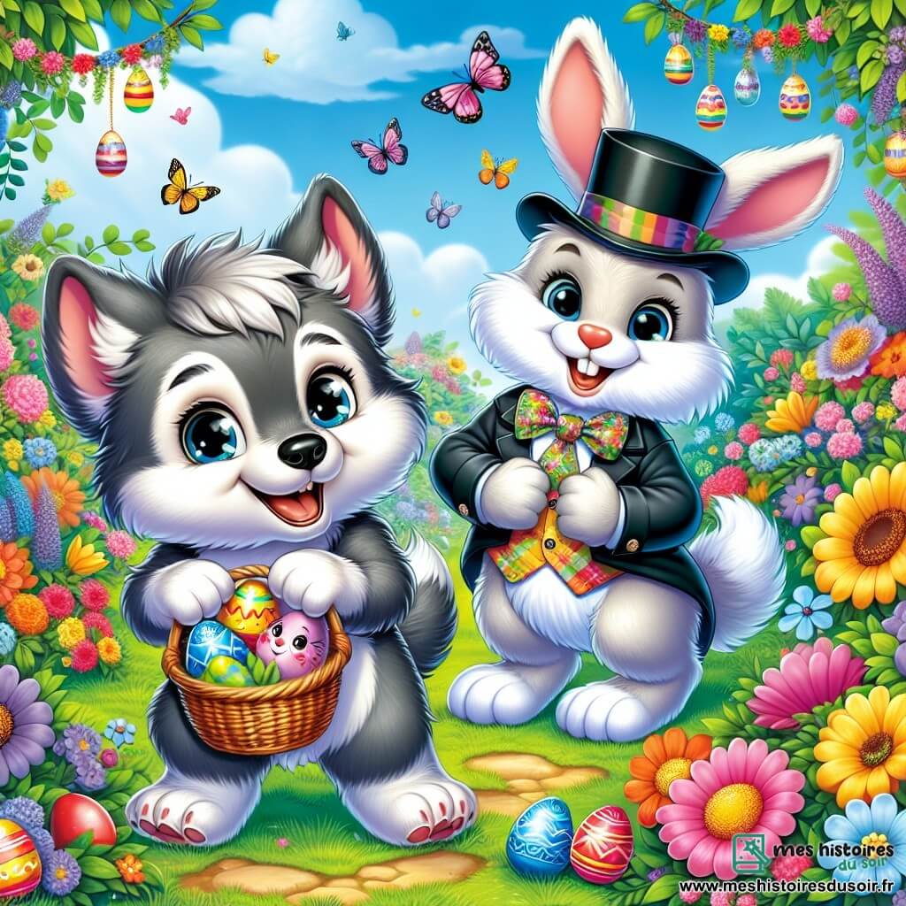 Un petit loup nommé Léo, avec un pelage gris et des yeux curieux, se tient dans un jardin coloré, souriant. Il a un panier en osier rempli d'œufs en chocolat et saute de joie. À côté de lui, un lapin blanc élégant, avec un chapeau haut-de-forme et une cravate colorée, sourit et tient une petite fleur. Le jardin est rempli de fleurs éclatantes, de guirlandes colorées et d'œufs en chocolat cachés. Le ciel est bleu avec des nuages, et des papillons volent autour. Léo découvre un œuf coloré sous un buisson, émerveillé, tandis que le lapin l'observe avec un sourire, prêt à l'accompagner dans sa chasse aux œufs.