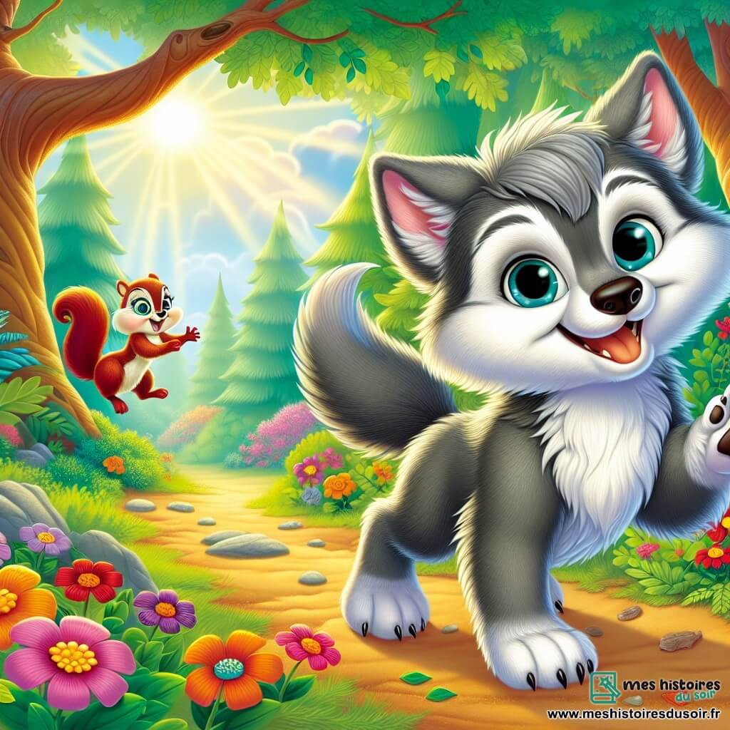 Au centre de l'image, un petit loup nommé Léo, avec une fourrure grise et des yeux bleus pétillants, se tient sur un chemin dans une forêt colorée. Il est curieux et joyeux, prêt à explorer. À sa droite, Lola, une petite écureuil aux poils roux, saute avec enthousiasme sur une branche, invitant Léo à la suivre. Le décor est une forêt enchantée avec des arbres épais, des fleurs éclatantes et des rayons de soleil créant des motifs lumineux. Léo et Lola se préparent à courir vers un jardin secret rempli de fleurs magiques, symbolisant l'espoir et l'amitié, tandis que des papillons colorés volent autour d'eux.