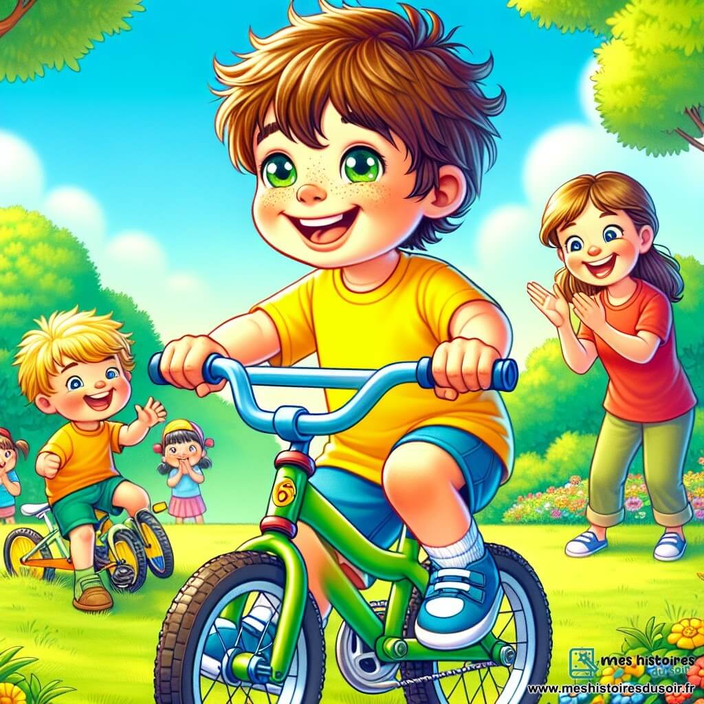 Léo, un garçon de 6 ans aux cheveux bruns en bataille et aux yeux pétillants, est assis sur son vélo sans petites roues, souriant de fierté. Il porte un t-shirt jaune et un short bleu, ses pieds touchant à peine les pédales. À côté, son ami Max, également âgé de 6 ans, applaudit, vêtu d'un t-shirt rouge et d'un short vert. Leur maman, souriante, les observe avec fierté, tandis que leur petite sœur Mia, 4 ans, tape dans ses mains, émerveillée. La scène se déroule dans un parc verdoyant sous un ciel bleu, où Léo essaie de pédaler seul, encouragé par les cris de joie de Max, créant une atmosphère de bonheur.