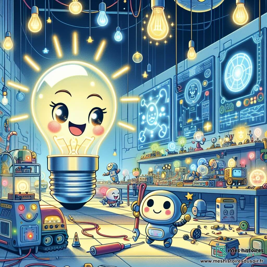 Luminette, une petite ampoule souriante, brille d'excitation dans un atelier futuriste rempli d'inventions. À ses côtés, Tink, un petit robot aux formes arrondies, travaille avec concentration. L'atelier est vaste, avec des murs de circuits électriques colorés, des machines bourdonnantes et des hologrammes flottants. Au fond, un grand tableau présente un générateur d'énergie propre, entouré de câbles. Luminette et Tink réparent le générateur d'énergie alors qu'une alarme retentit, créant une atmosphère d'urgence et d'excitation.