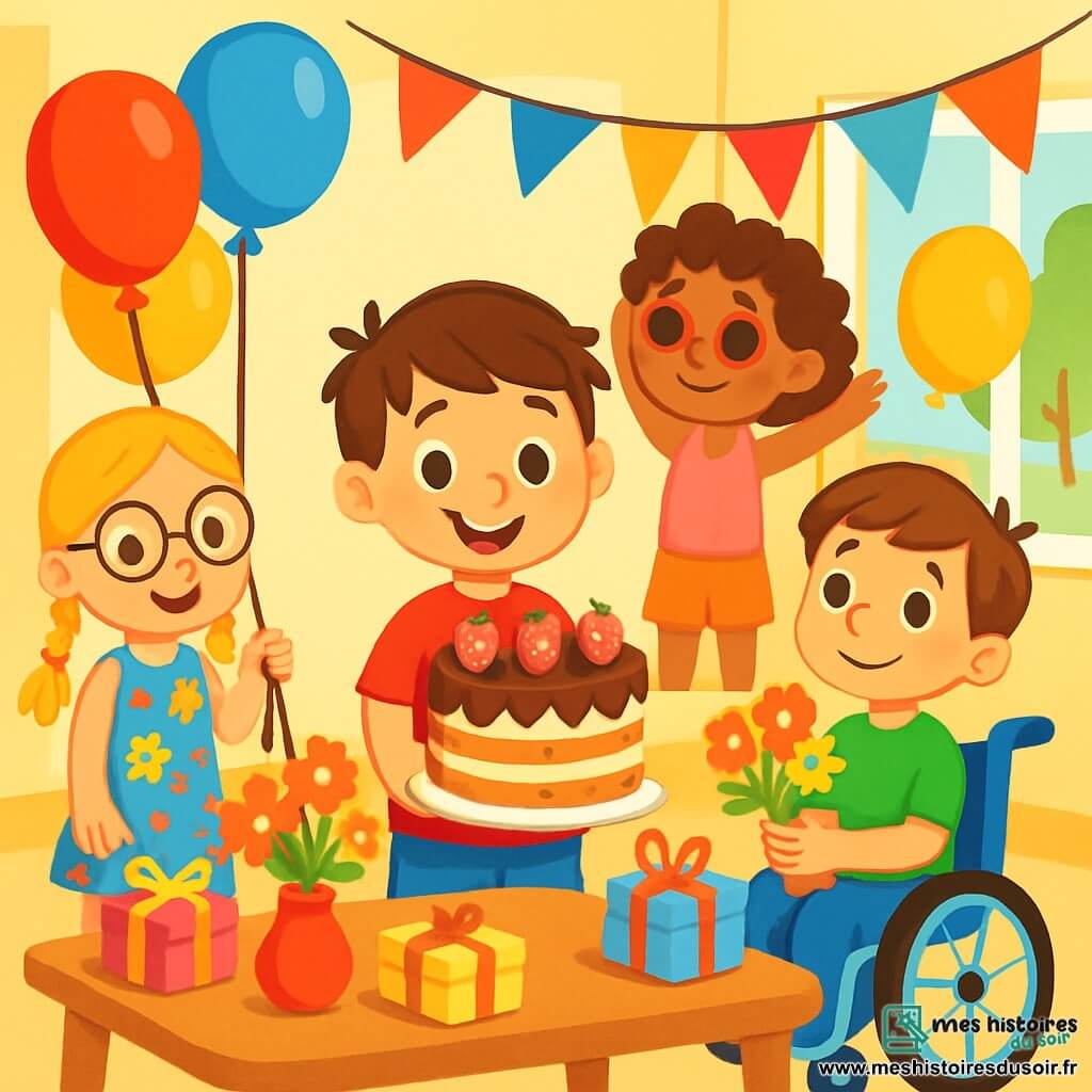 Quatre enfants se préparent pour la fête des mères : Timéo, 7 ans, avec des cheveux bruns et un t-shirt rouge, tient un grand gâteau ; Emma, 6 ans, avec des cheveux blonds tressés et une robe à fleurs, tient des ballons ; Hugo, 8 ans en fauteuil roulant, porte un t-shirt vert et tient un bouquet de fleurs ; Zoé, 7 ans avec des cheveux bouclés et un débardeur rose, décore la table. Ils sont dans le salon de Timéo, rempli de ballons et de guirlandes, avec une table centrale ornée de gâteau, fleurs et cadeaux. L'ambiance est joyeuse et festive, les enfants rient et s'amusent, prêts à accueillir la maman de Timéo.