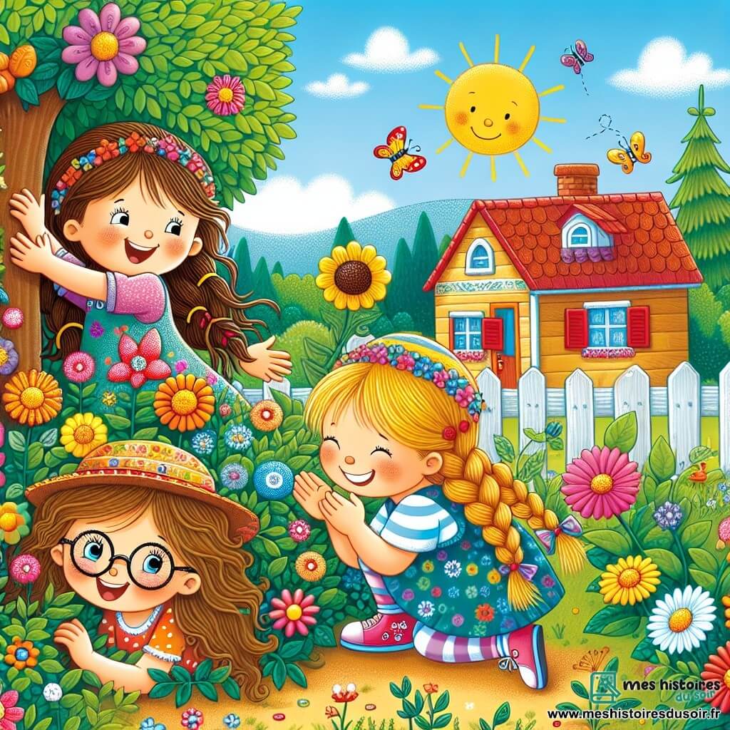 Dans un jardin ensoleillé, Émilie, une petite fille de 8 ans aux longs cheveux bruns et au chapeau coloré, sourit en jouant. À côté d'elle, Léa, 7 ans, aux cheveux blonds et tressés, se cache derrière un arbre en riant. Plus loin, Zoé, 8 ans, aux cheveux châtains et lunettes rondes, est accroupie derrière un buisson, prête à compter. Le jardin est rempli de fleurs colorées, avec des papillons et un ciel bleu. Au fond, une petite maison en bois avec des volets rouges est entourée de verdure. La scène illustre l'amitié et la joie des filles en jouant à cache-cache, tout en mettant en avant la force d'Émilie face à sa maladie.