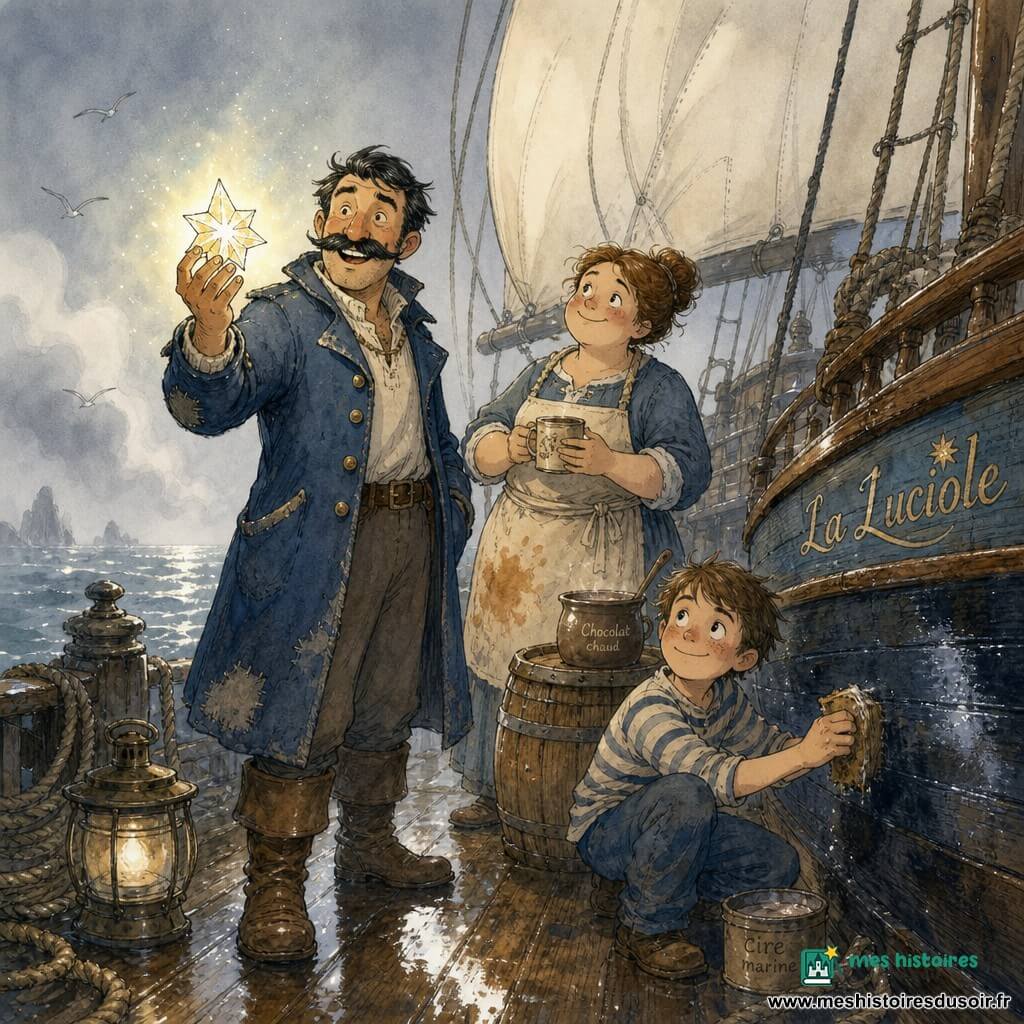 Le capitaine Malo, moustache en croc noire, sourit bienveillant dans son manteau marin bleu usé et ses bottes salées, tenant de la main droite l’Étoile de Brume qui diffuse une lueur pâle et chaude ; à côté, Lili la cuisinière, la trentaine, ronde et chaleureuse, cheveux en chignon et tablier taché, tient une tasse de chocolat chaud près d’un tonneau ; le jeune Jonas, mousse d’environ 10 ans, cheveux courts, accroupi, cire la coque réparée près des pieds du capitaine. La scène se passe sur le pont humide de La Luciole, cordages enroulés et grande voile blanche gonflée, la mer grise scintille à l’arrière tandis qu’un brouillard léger se décroche en rideaux ; l’Étoile éclaire doucement le retrait du brouillard, créant une ambiance d’aventure rassurante en lavis bleu-gris aux touches chaudes.