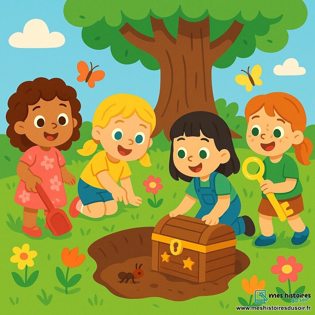 Quatre enfants sont réunis dans un jardin ensoleillé rempli de fleurs colorées. Lila, 3 ans, avec des cheveux bruns bouclés, porte une robe rose à fleurs et tient une pelle en plastique. Mia, également 3 ans, a des cheveux blonds tressés et porte un t-shirt jaune et un short en jean, elle pointe une fourmi sur le sol. Zoé, avec des cheveux noirs lisses et une salopette bleue, tire un coffre en bois décoré d'étoiles dorées. Chloé, aux cheveux roux et taches de rousseur, tient une clé dorée, prête à ouvrir le coffre. Les quatre amies sont en pleine aventure, creusant autour du chêne à la recherche d'un trésor caché, leurs visages rayonnants de joie.