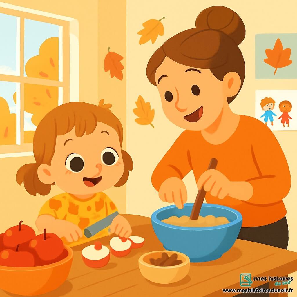 Une petite fille de 2 ans, Lili, avec de grands yeux brillants et un sourire radieux, coupe des pommes rouges sur une table en bois. Elle porte une robe jaune avec des motifs de feuilles d'automne. À côté d'elle, la maîtresse, une femme souriante d'environ 30 ans, lui montre comment mélanger les ingrédients. La scène se déroule dans une classe lumineuse, décorée de feuilles colorées et de dessins d'enfants. Lili et la maîtresse préparent une compote de pommes, remplissant l'air d'un parfum sucré et épicé, partageant un moment de bonheur et de créativité.