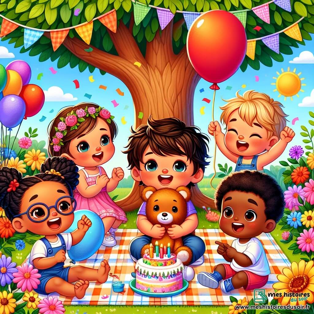 Au centre de l'image, Tom, un garçon de deux ans avec des cheveux bruns et des yeux pétillants, sourit en tenant un ours en peluche. À sa droite, Lily, quatre ans, danse en riant avec sa robe rose. À gauche, Max, trois ans, pointe un ballon rouge flottant. Zoé, cinq ans, est assise sous un arbre avec une assiette de gâteau coloré. Le jardin ensoleillé est rempli de fleurs et d'un grand arbre offrant de l'ombre, avec une nappe à carreaux et un gâteau d'anniversaire décoré. Tom et ses amis chantent "Joyeux anniversaire" avec des sourires radieux, célébrant ce moment joyeux.