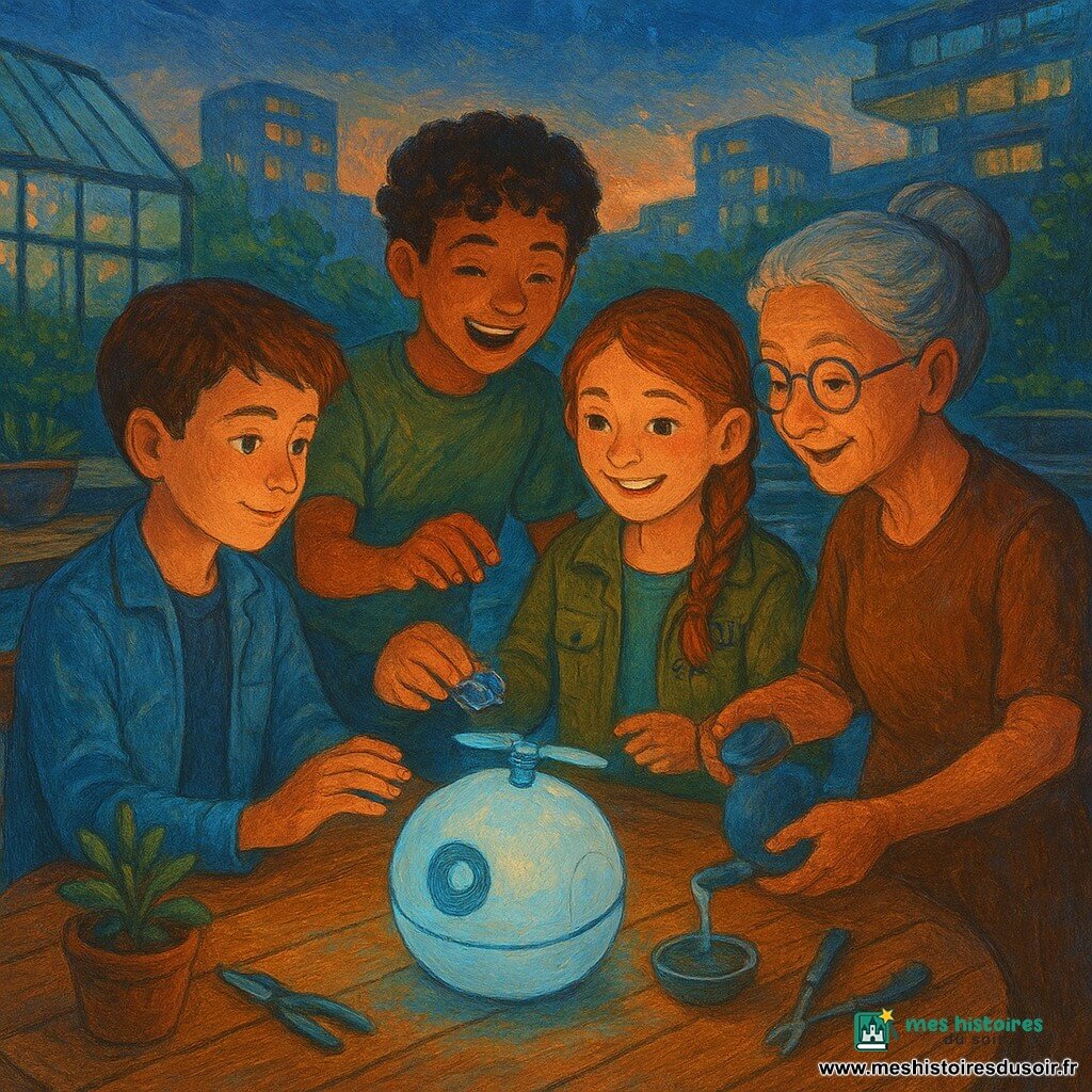 Cinq personnages entourent une table en bois dans un jardin suspendu urbain crépusculaire : Milo, garçon d'environ 11 ans, cheveux bruns courts, veste bleue, assis au bord de la table et posant la main sur la sphère lumineuse ; Naya, fille d'environ 11 ans, tresse de travers, veste kaki avec outils, souriante et montrant une puce électronique ; Ilyès, garçon d'environ 11 ans, cheveux bouclés, t-shirt vert, riant en tendant la main vers la sphère ; Madame Liora, femme âgée aux cheveux gris en chignon et lunettes rondes, prête à verser de l'eau dans une cuvette ; et Kip, drone sphérique blanc à hélice repliée émettant une douce lumière bleue au centre de la table. Les mains sont superposées au-dessus de Kip comme une poignée collective, l'ambiance est chaleureuse et apaisée, avec petites plantes, outils, passerelles en bois composite, eaux réfléchissant des néons doux, serres vitrées et façades flottantes en arrière-plan, couleurs vives mais douces et touches de lumière sur l'eau.