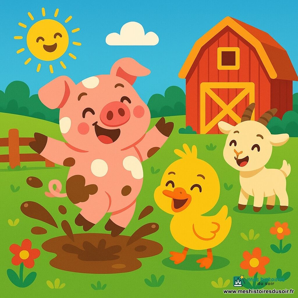 Un cochon rose avec des taches blanches, Pipo, saute joyeusement dans une flaque de boue, souriant de façon espiègle. À côté, un canard jaune, Titi, rit en évitant les éclaboussures. Plus loin, une petite chèvre, Lila, les observe en riant. La scène se déroule dans une ferme colorée, entourée de champs verdoyants et de fleurs, avec une grange rouge en arrière-plan. Pipo fait une farce en tombant dans la boue, éclaboussant ses amis, tandis qu'ils rient ensemble sous un ciel bleu ensoleillé.